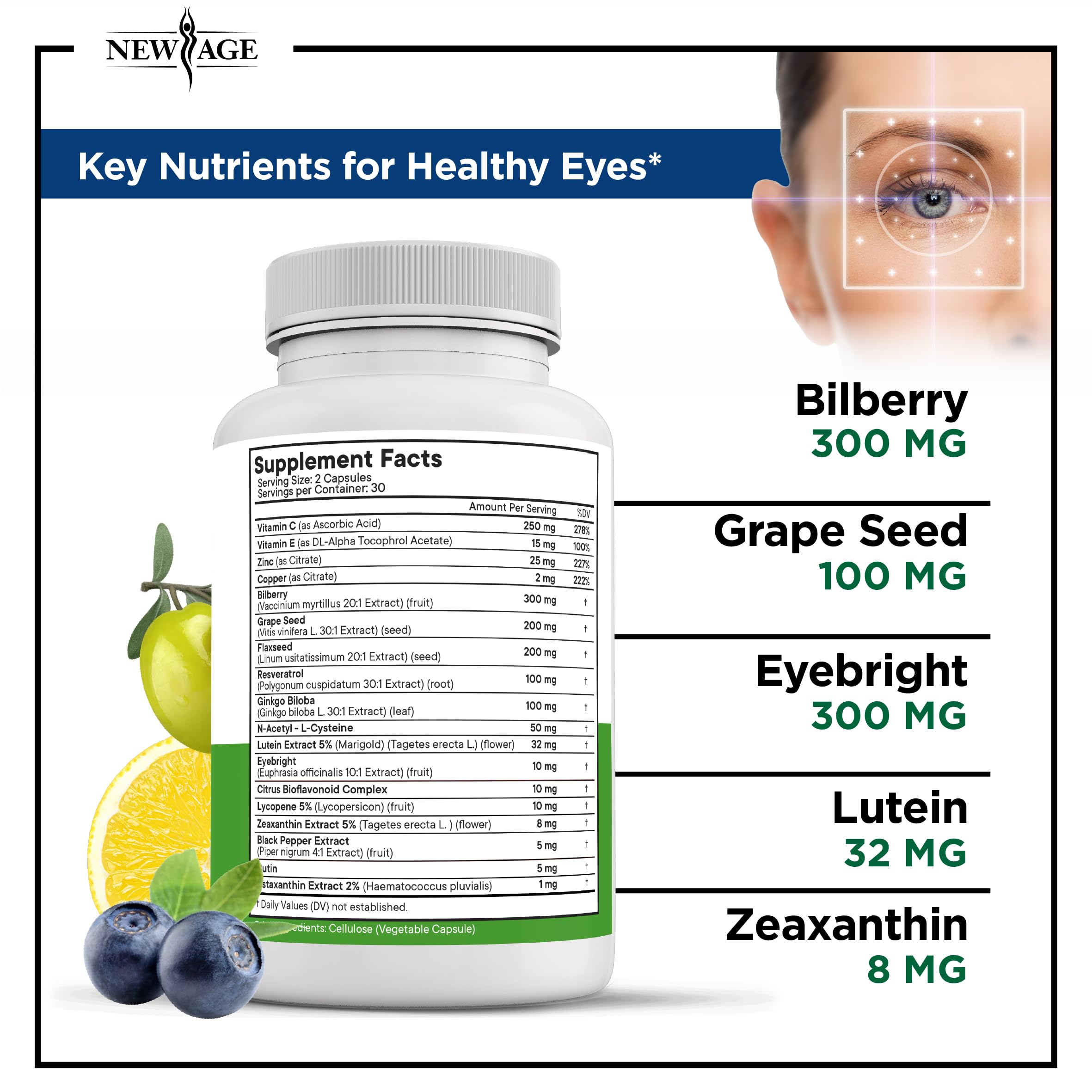 NEW AGE Eye Health Supplements ingredients list close-up
