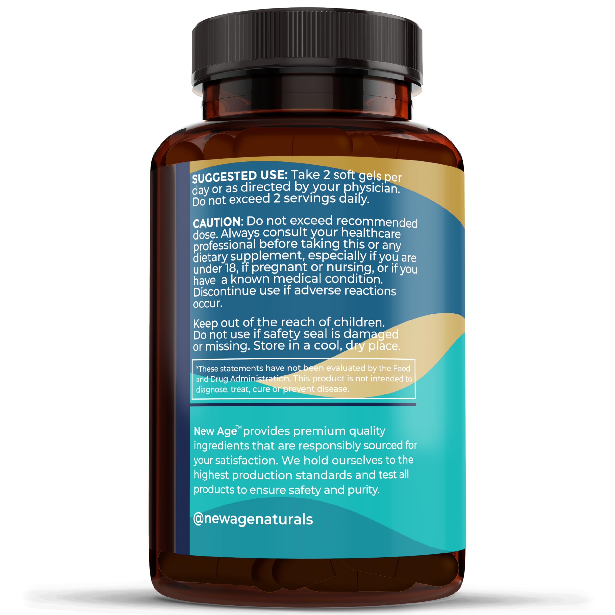 NEW AGE Fish Oil Omega 3 softgel bottle on a table
