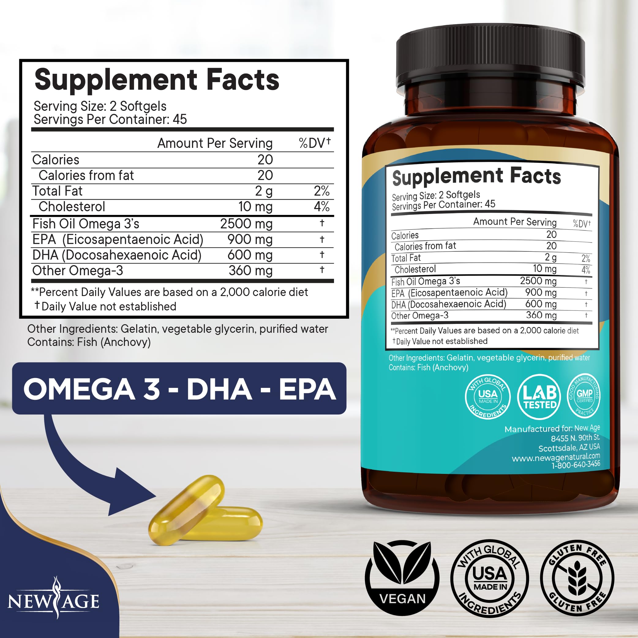 NEW AGE Fish Oil Omega 3 softgel bottle side view