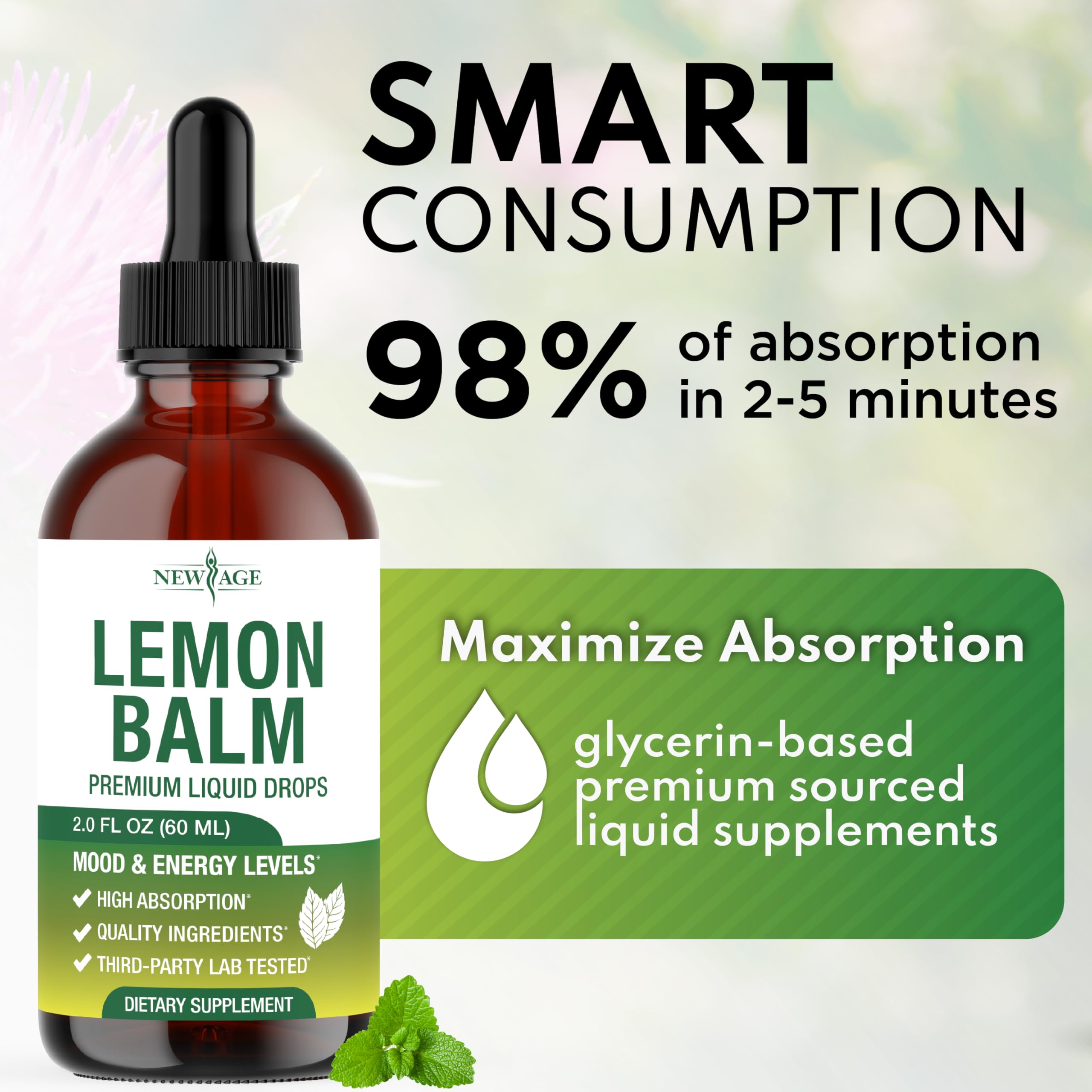 NEW AGE Lemon Balm Drops lifestyle scene with glass