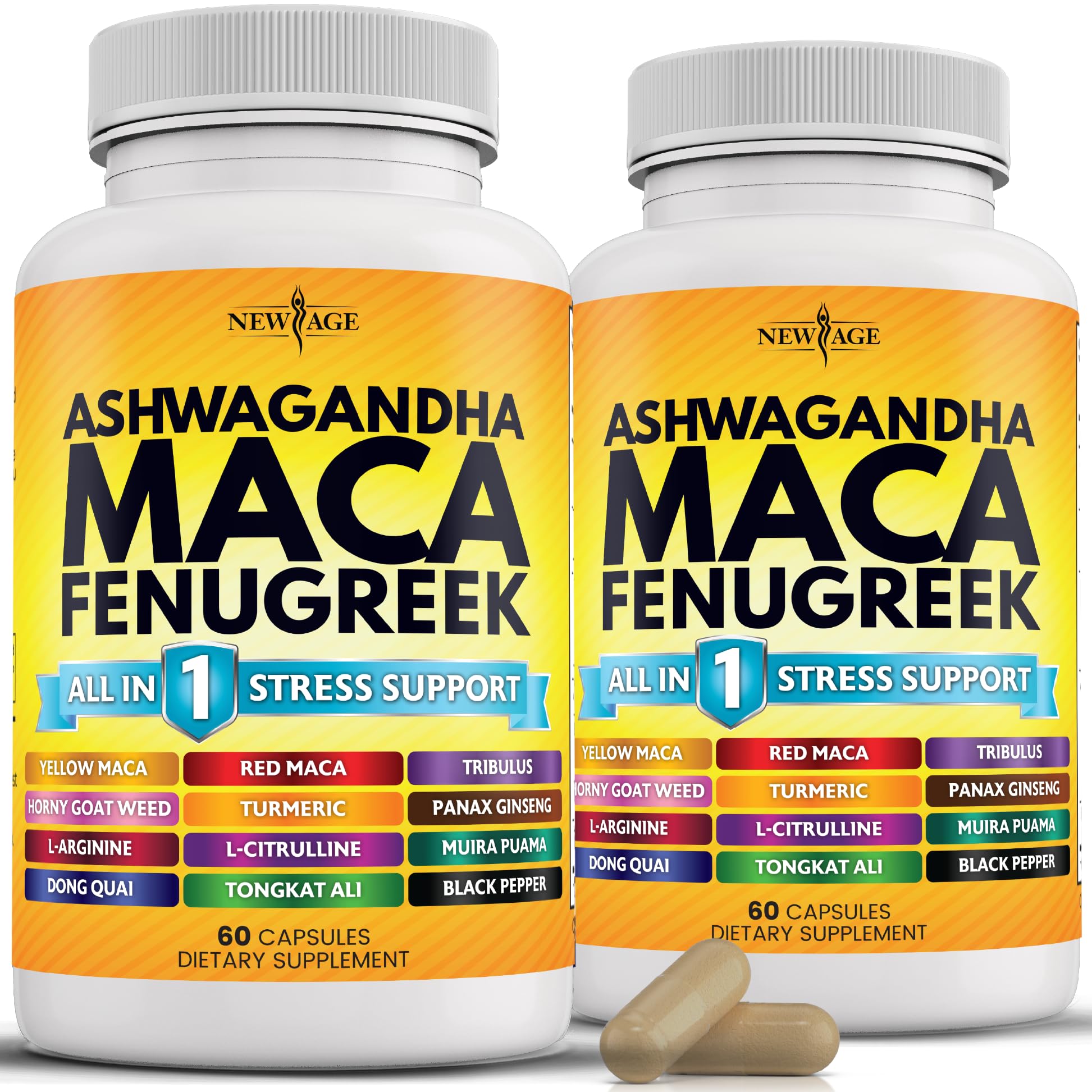 NEW AGE Maca-Ashwagandha Supplement Capsules front view