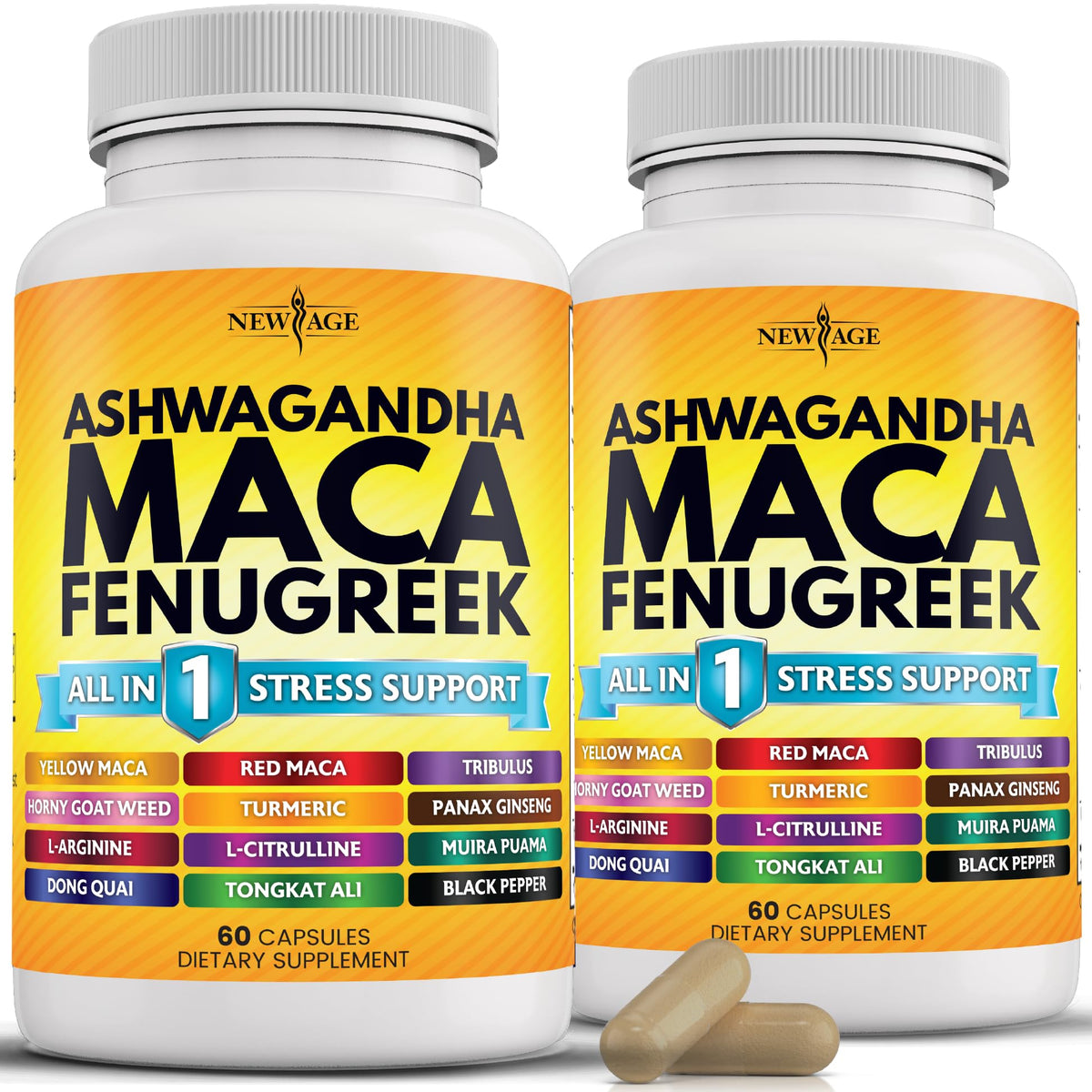 NEW AGE Maca-Ashwagandha Supplement Capsules front view
