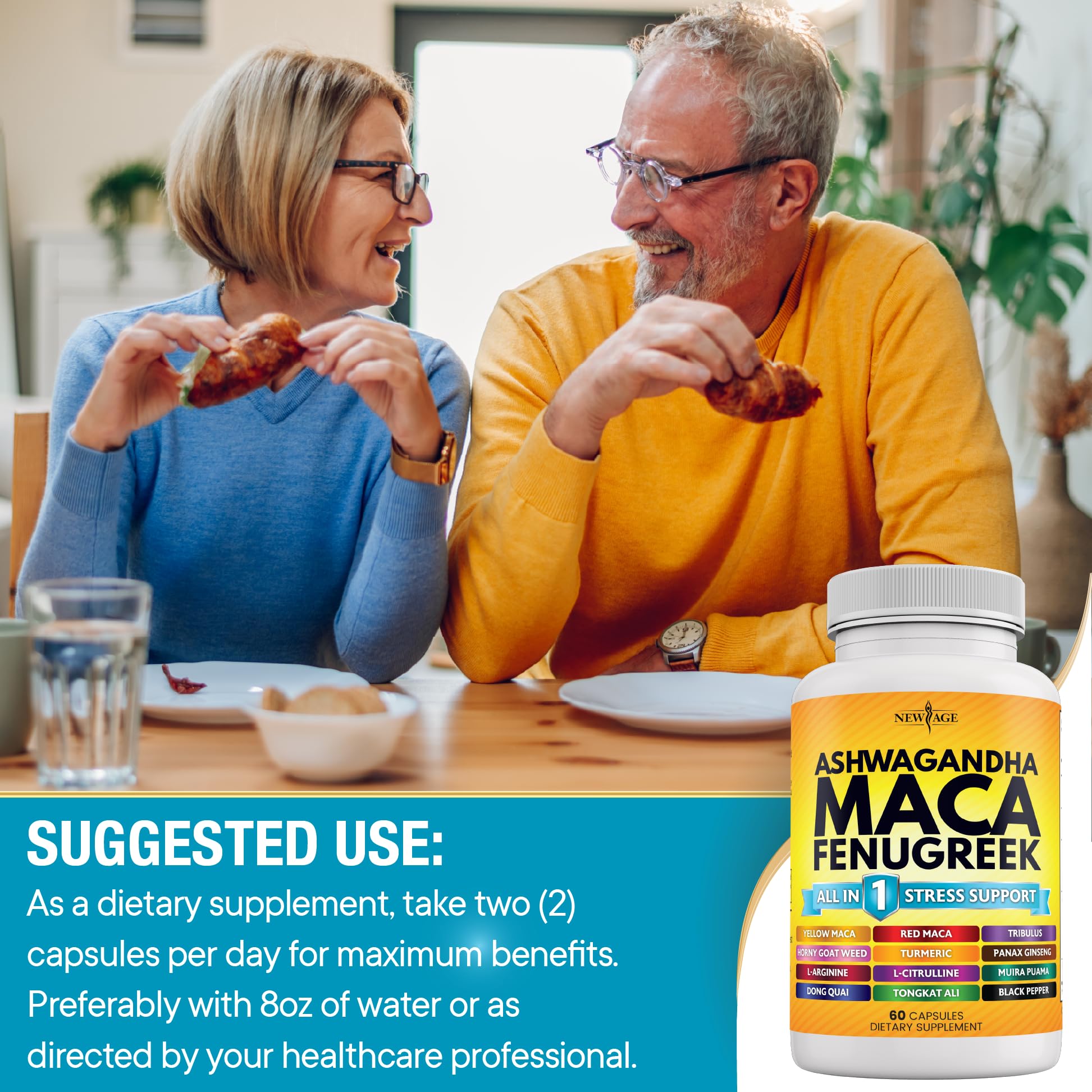 NEW AGE Maca-Ashwagandha Supplement Capsules in a lifestyle setting