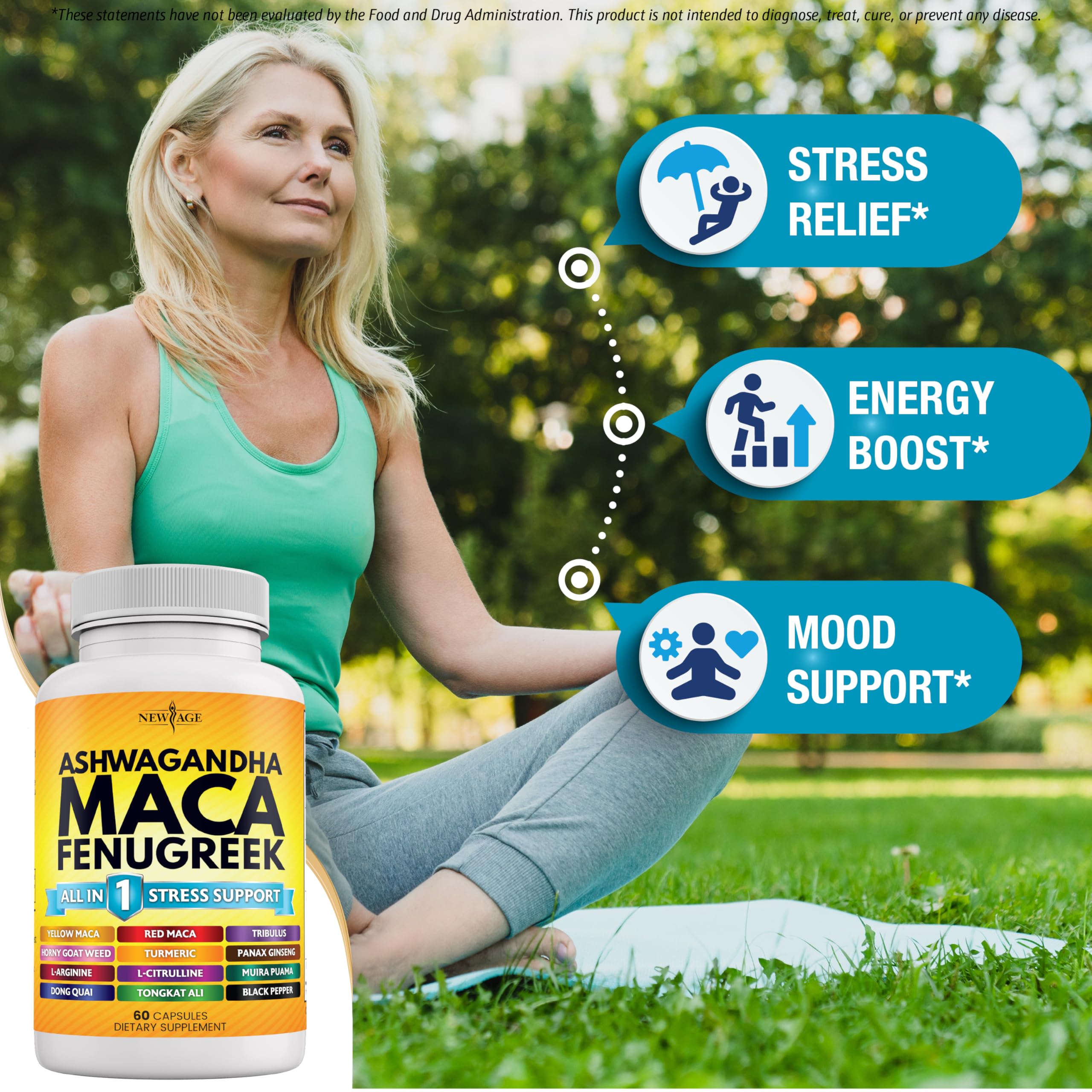 NEW AGE Maca-Ashwagandha Supplement Capsules side view
