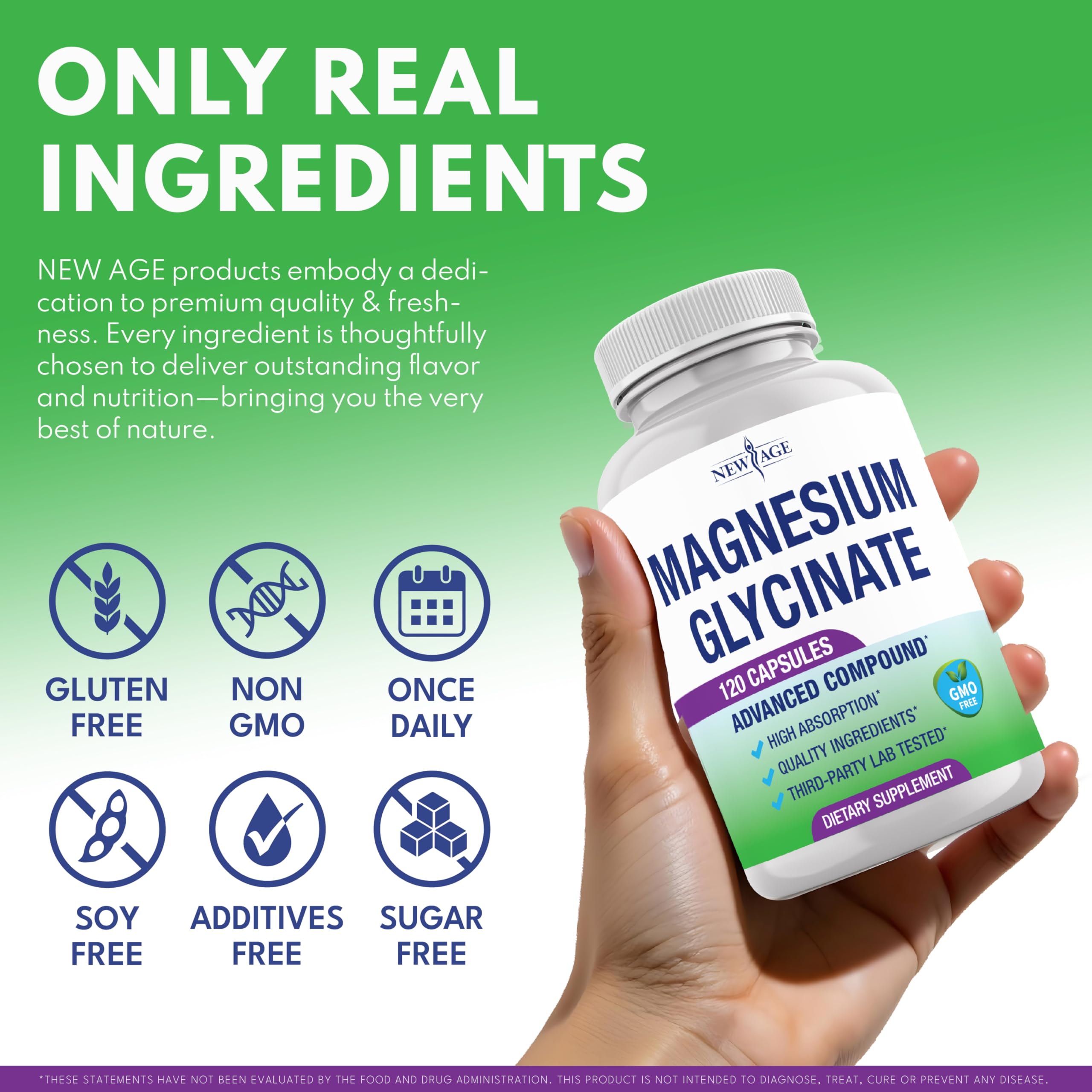 NEW AGE Magnesium Glycinate Supplement displayed with other supplements