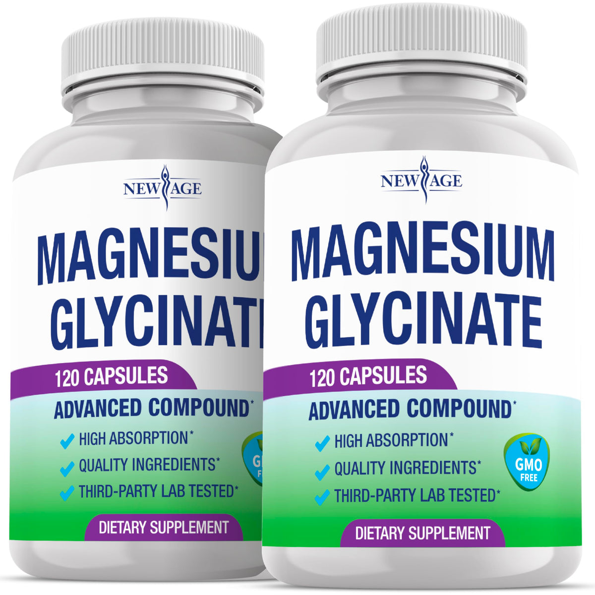 NEW AGE Magnesium Glycinate Supplement front view with packaging