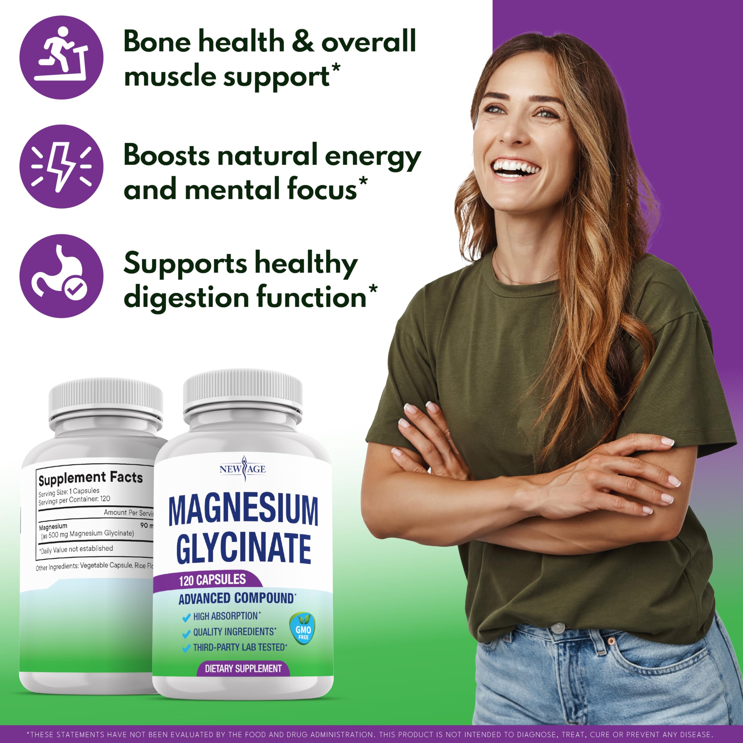 NEW AGE Magnesium Glycinate Supplement side view showing capsule
