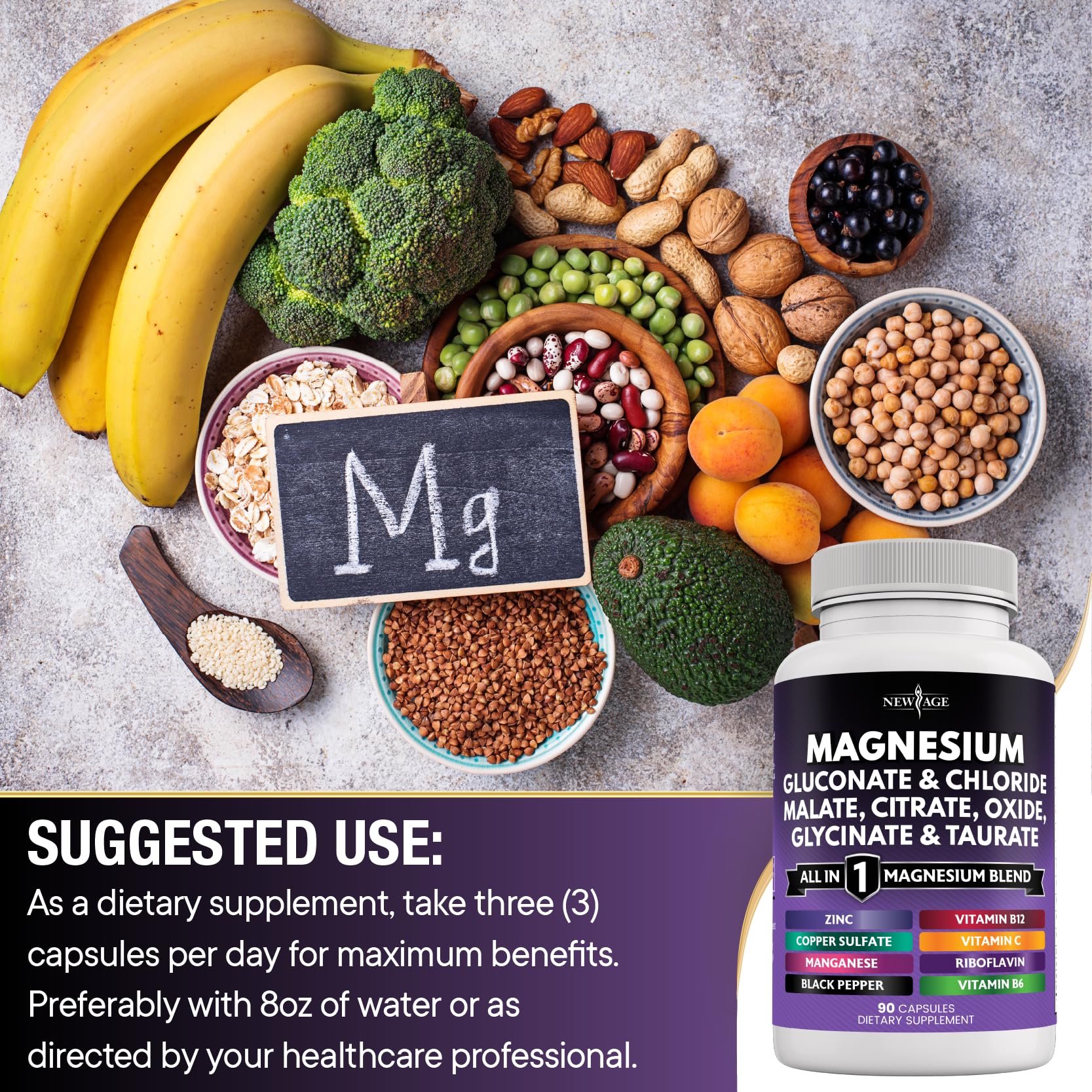 NEW AGE Manganese Complex Supplement lifestyle scene with a glass of water