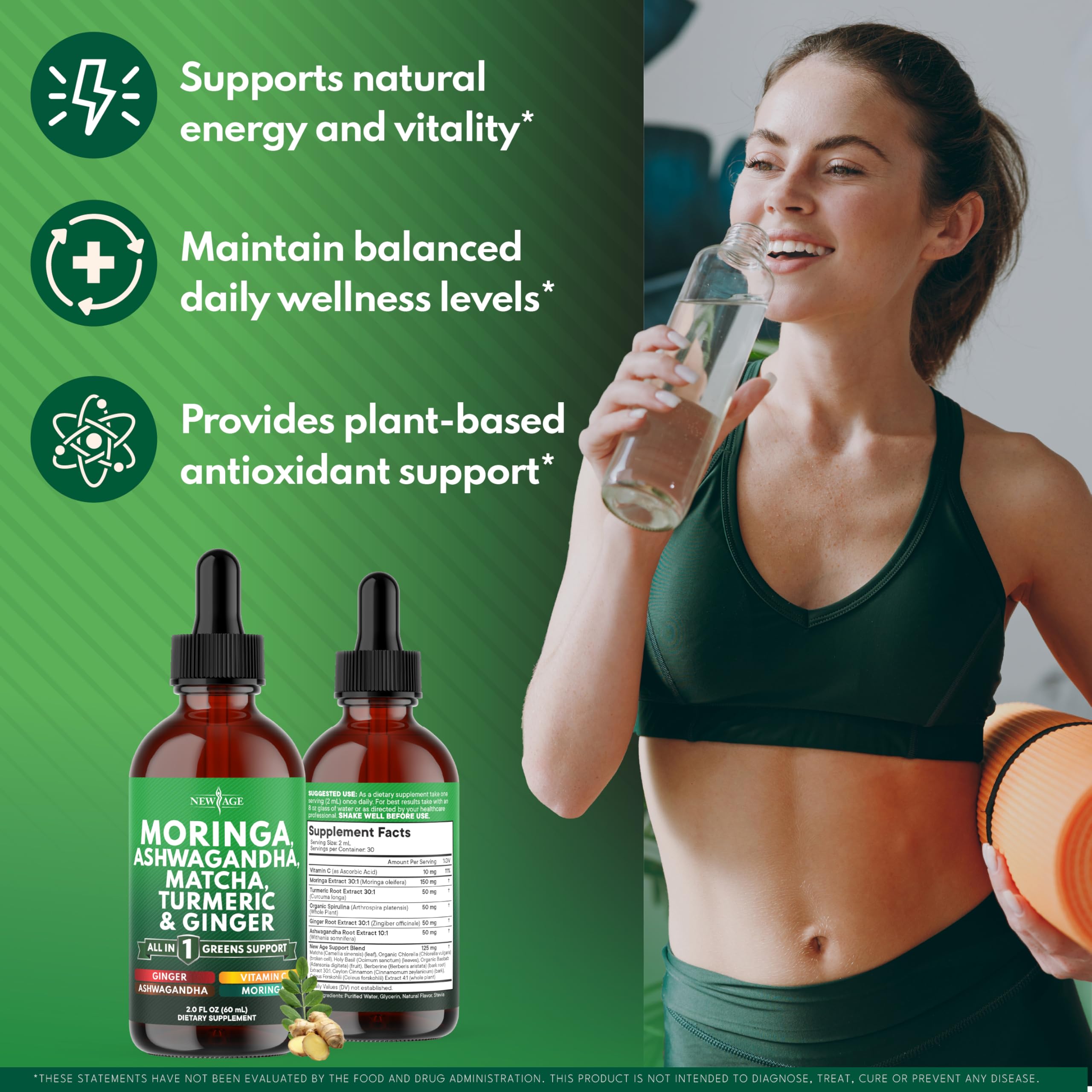 NEW AGE Moringa Supplement Drops with ingredients displayed