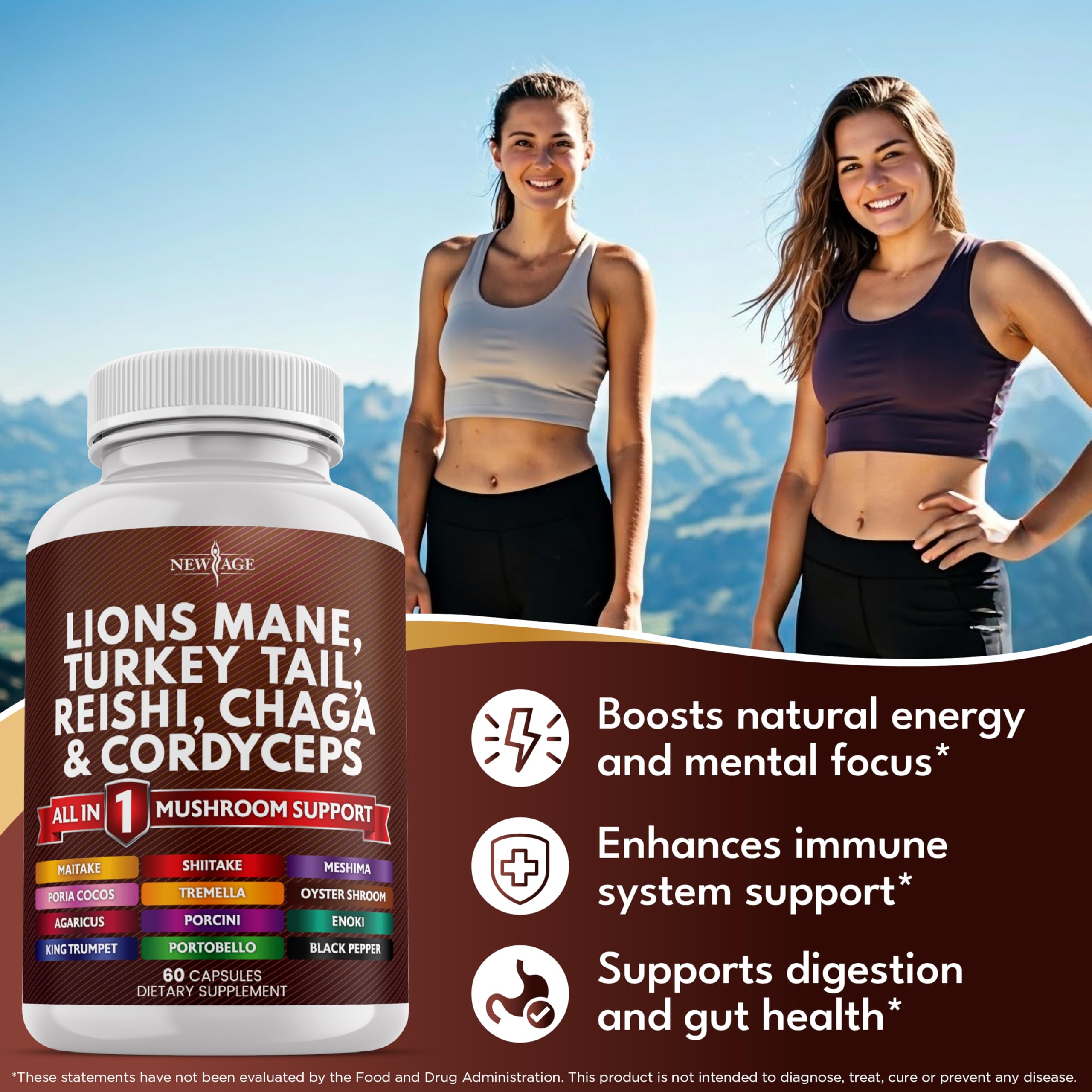 NEW AGE Mushroom Supplement Capsules back view with ingredient list