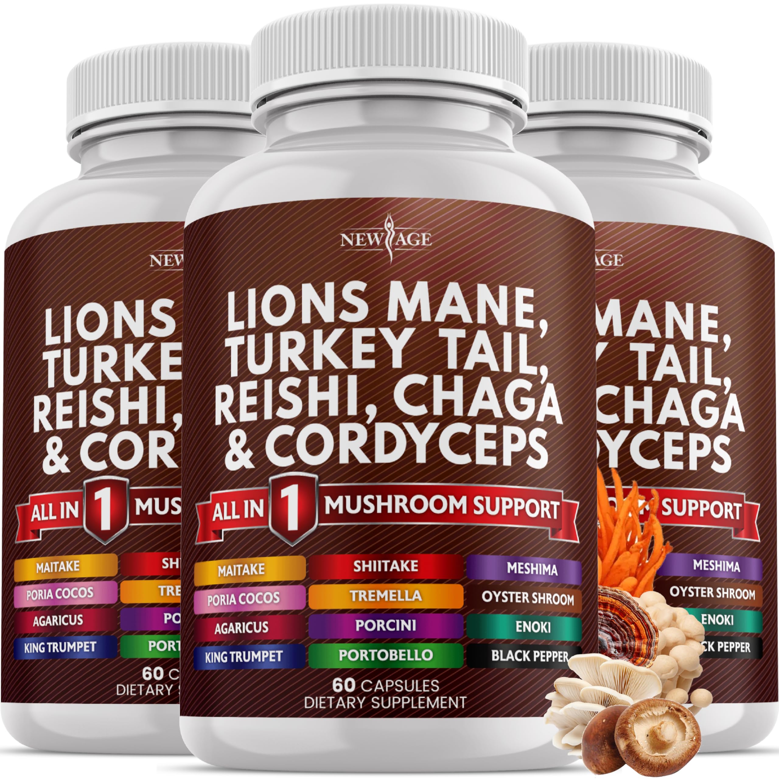 NEW AGE Mushroom Supplement Capsules front view with packaging