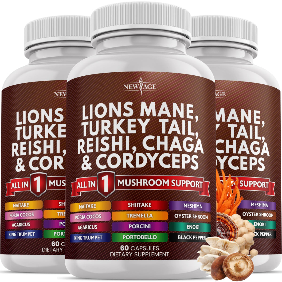 NEW AGE Mushroom Supplement Capsules front view with packaging