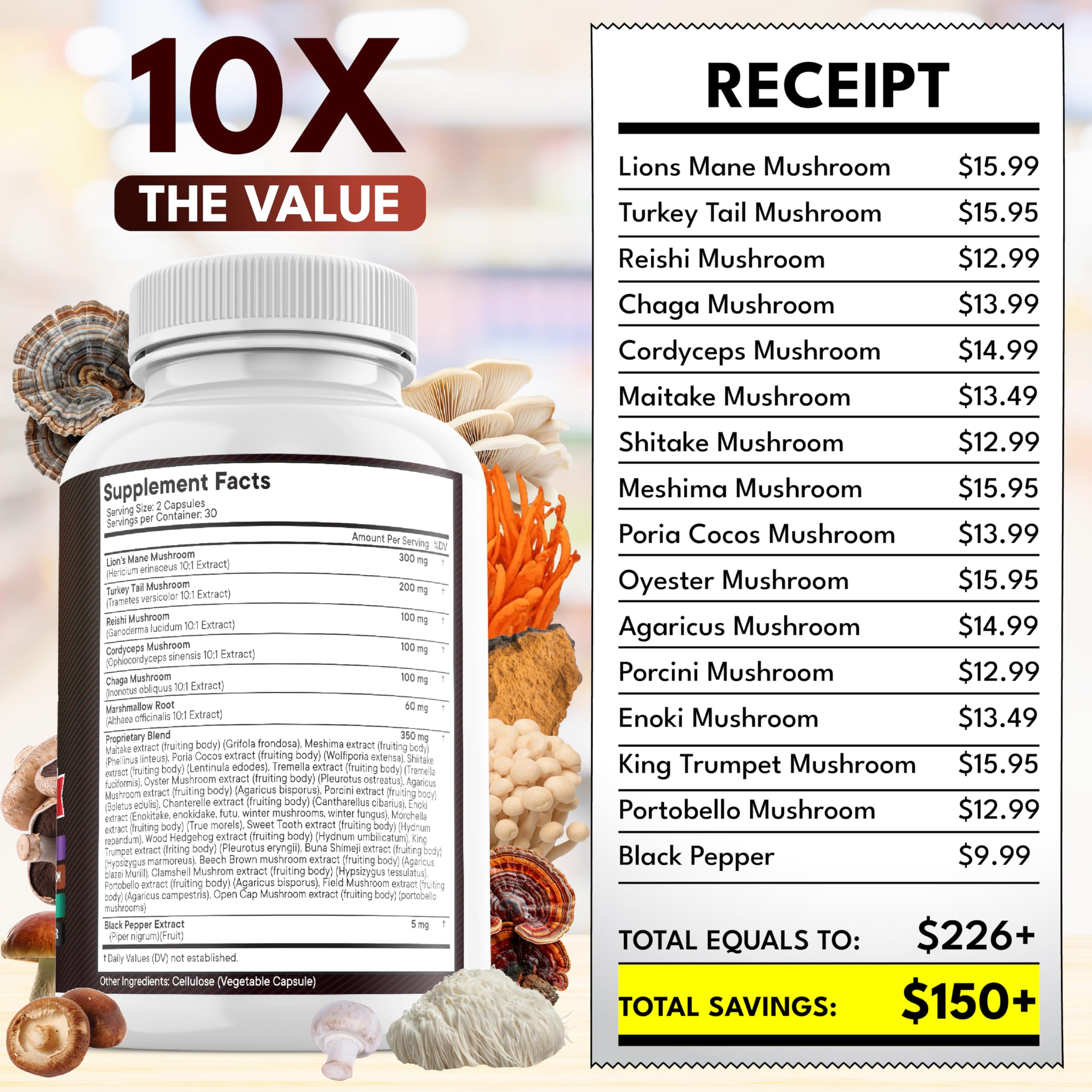 NEW AGE Mushroom Supplement Capsules lifestyle scene on a kitchen counter