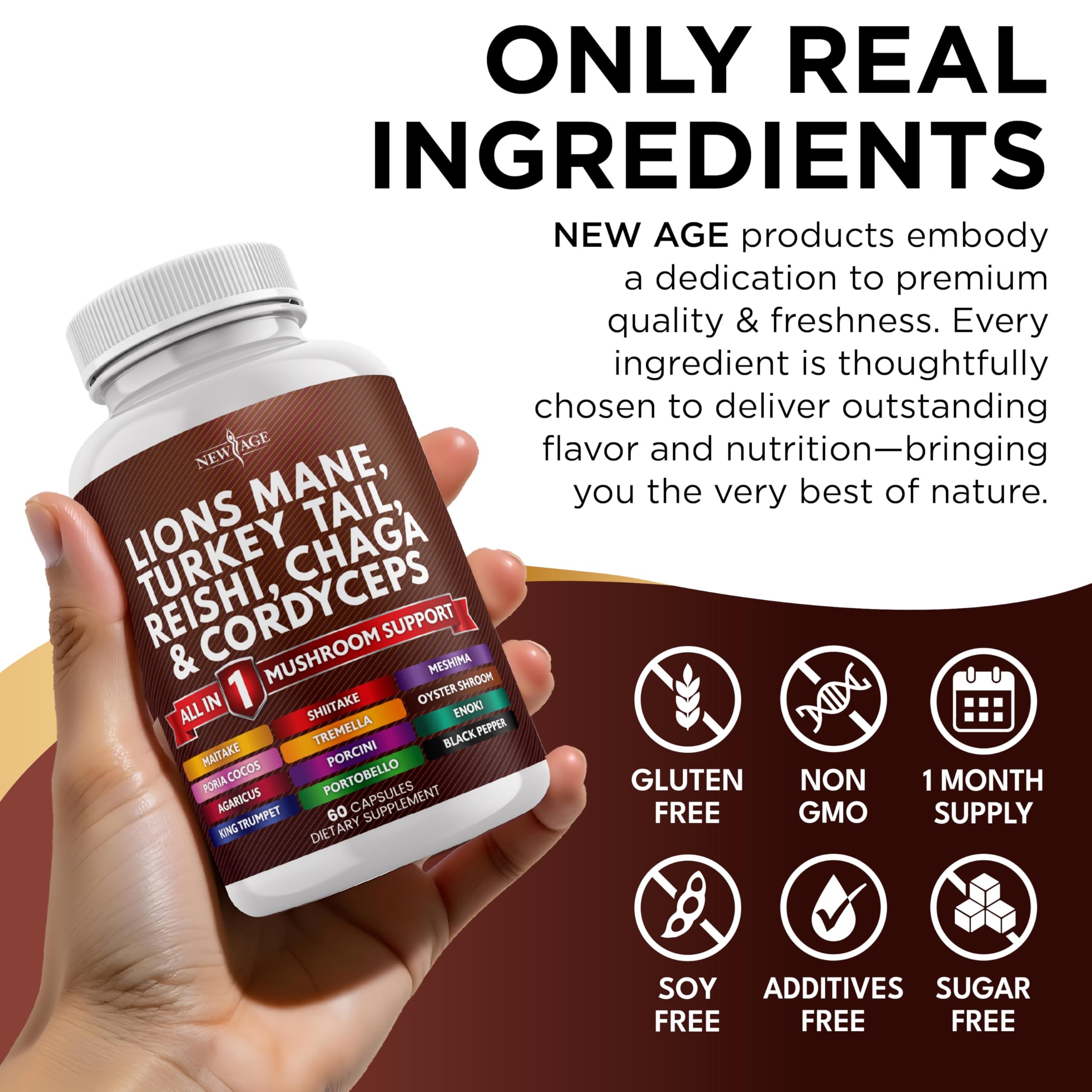 NEW AGE Mushroom Supplement Capsules with a measuring spoon for dosage