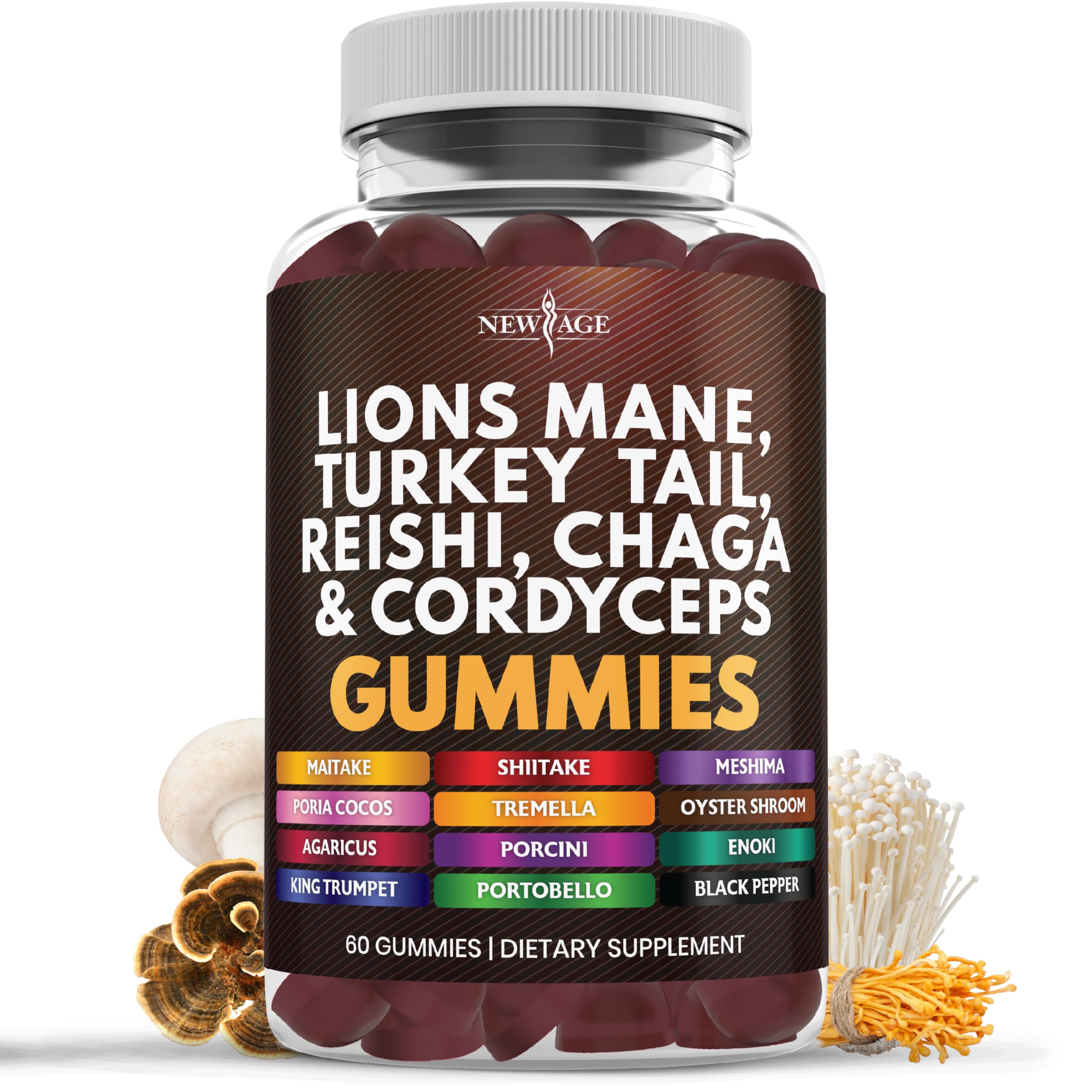 NEW AGE Mushroom Supplement Gummies front view with packaging