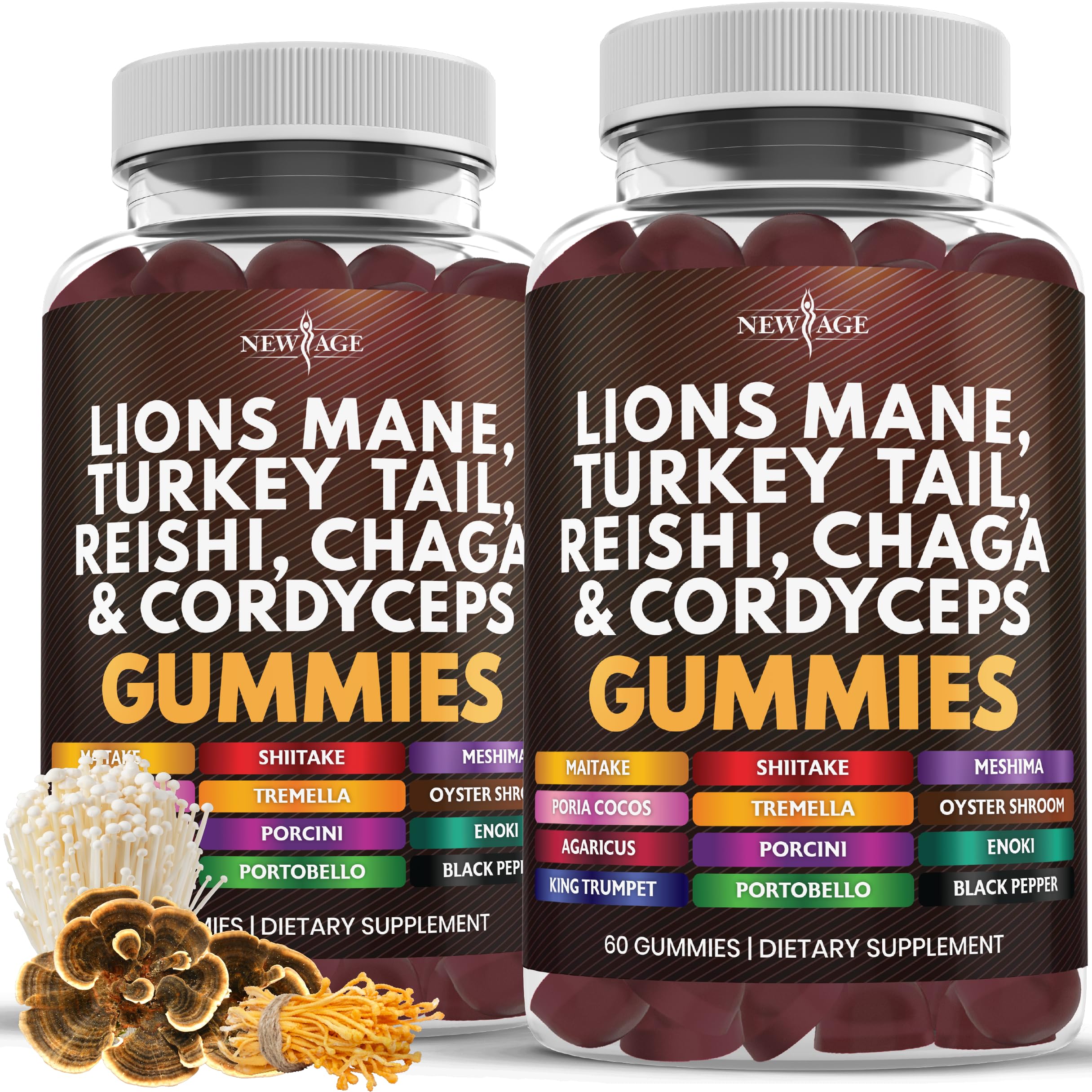 NEW AGE Mushroom Supplement Gummies front view with packaging
