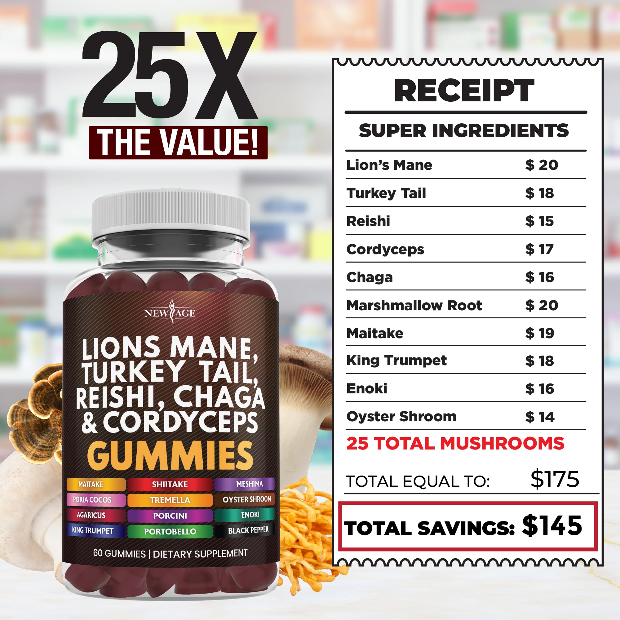 NEW AGE Mushroom Supplement Gummies in a lifestyle setting