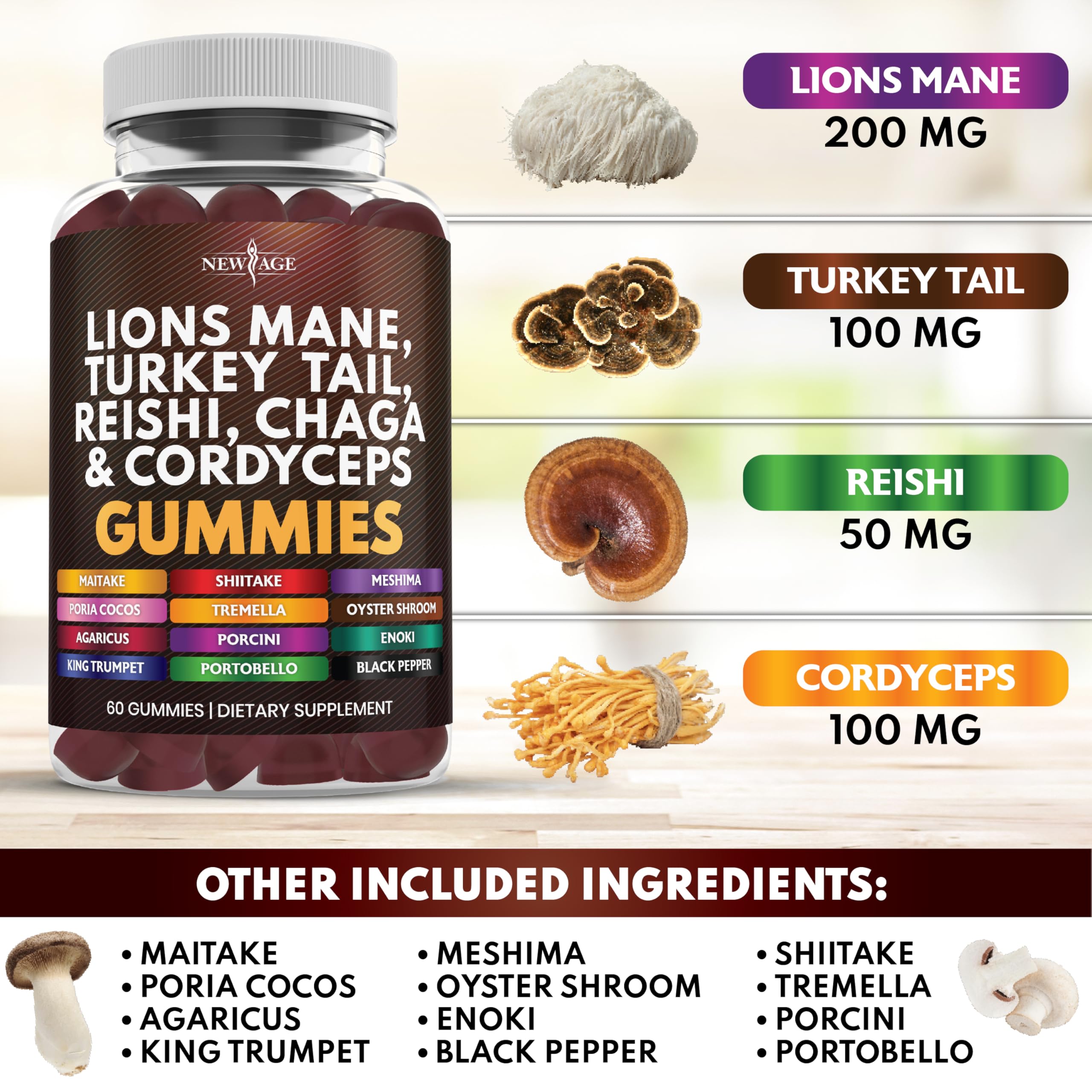 NEW AGE Mushroom Supplement Gummies showing gummy texture and colour