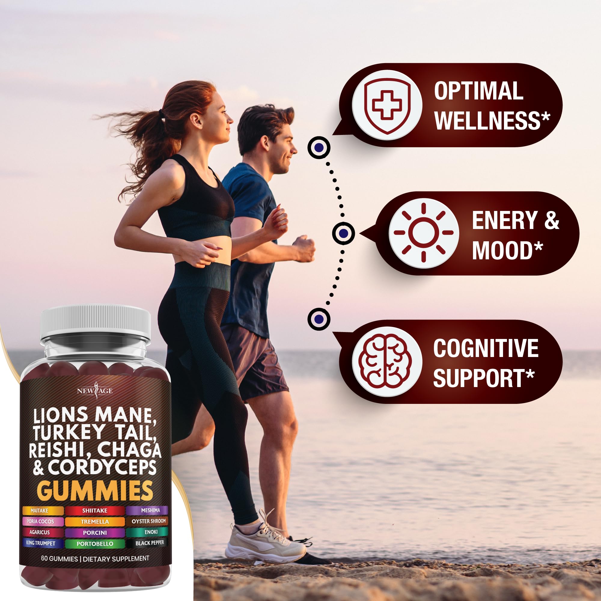 NEW AGE Mushroom Supplement Gummies with a close-up of ingredients