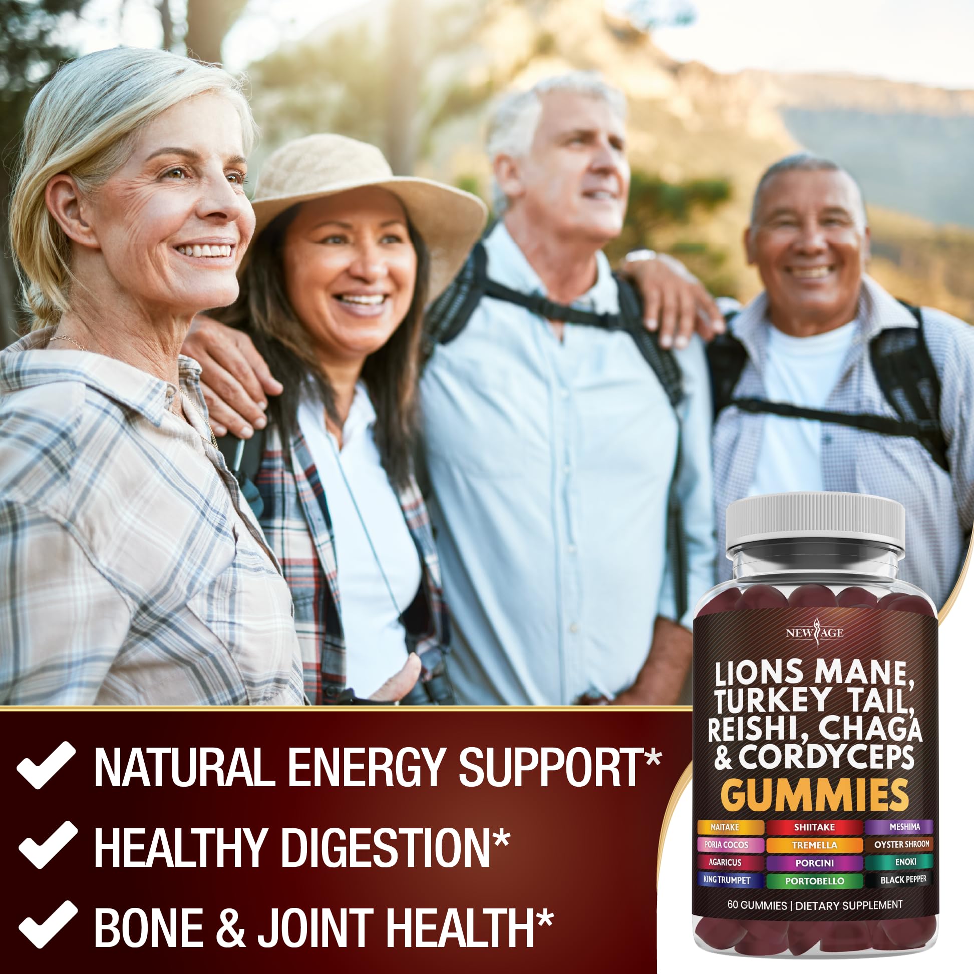 NEW AGE Mushroom Supplement Gummies with a measuring spoon