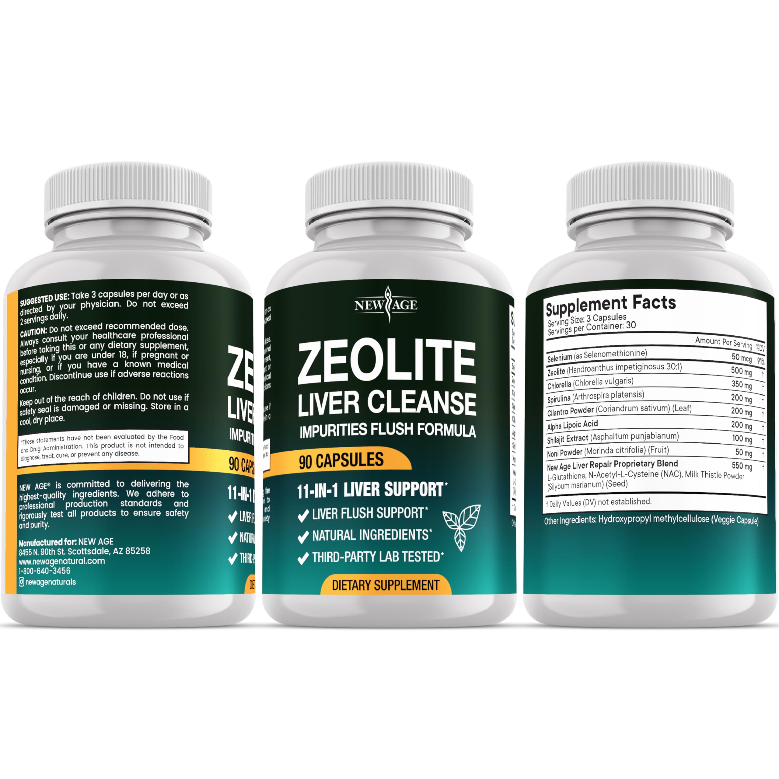NEW AGE Noni 11-in-1 Zeolite Capsules and ingredients display