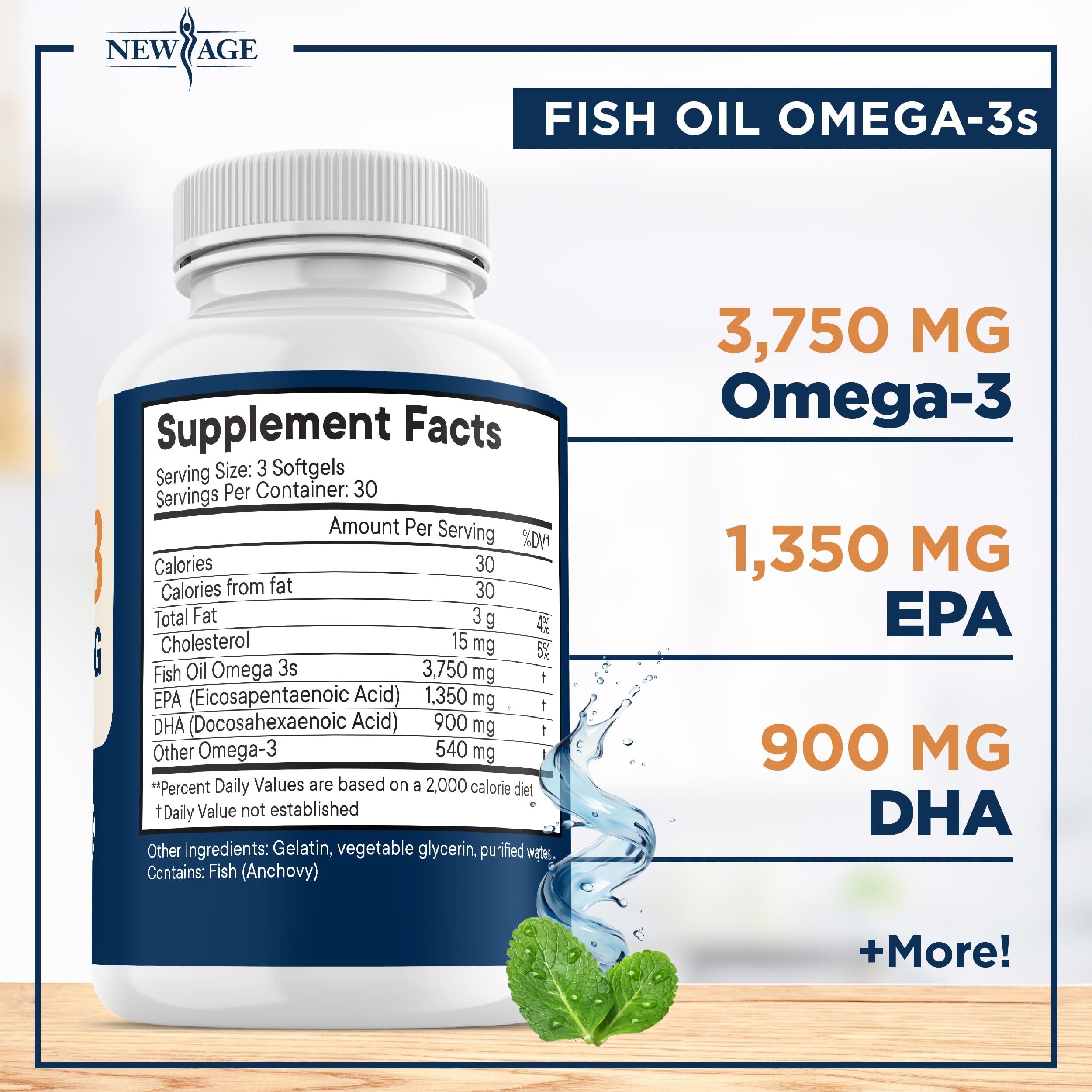 NEW AGE Omega 3 Fish Oil Complex 3700mg softgels side view