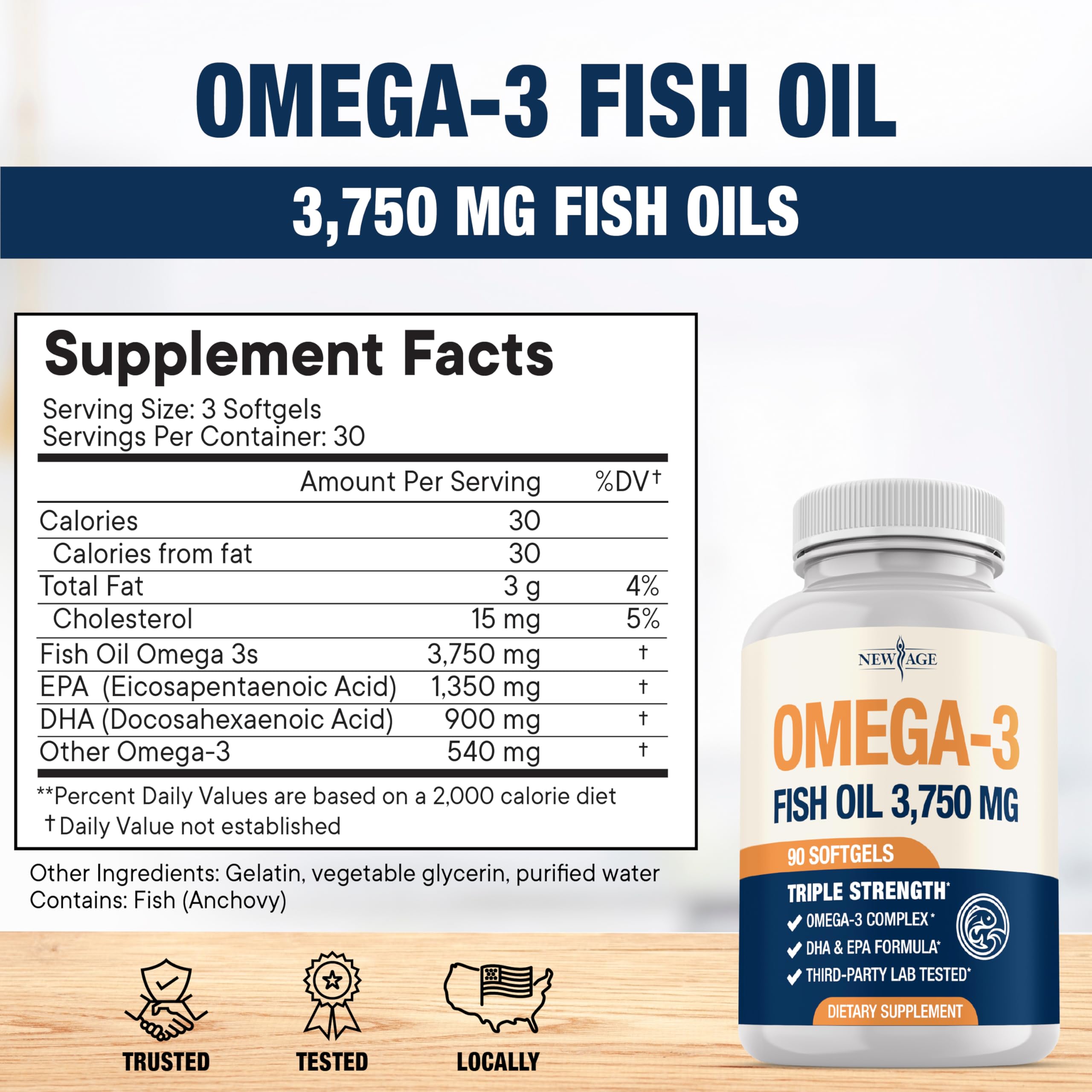 NEW AGE Omega 3 Fish Oil Complex 3750mg bottle with label