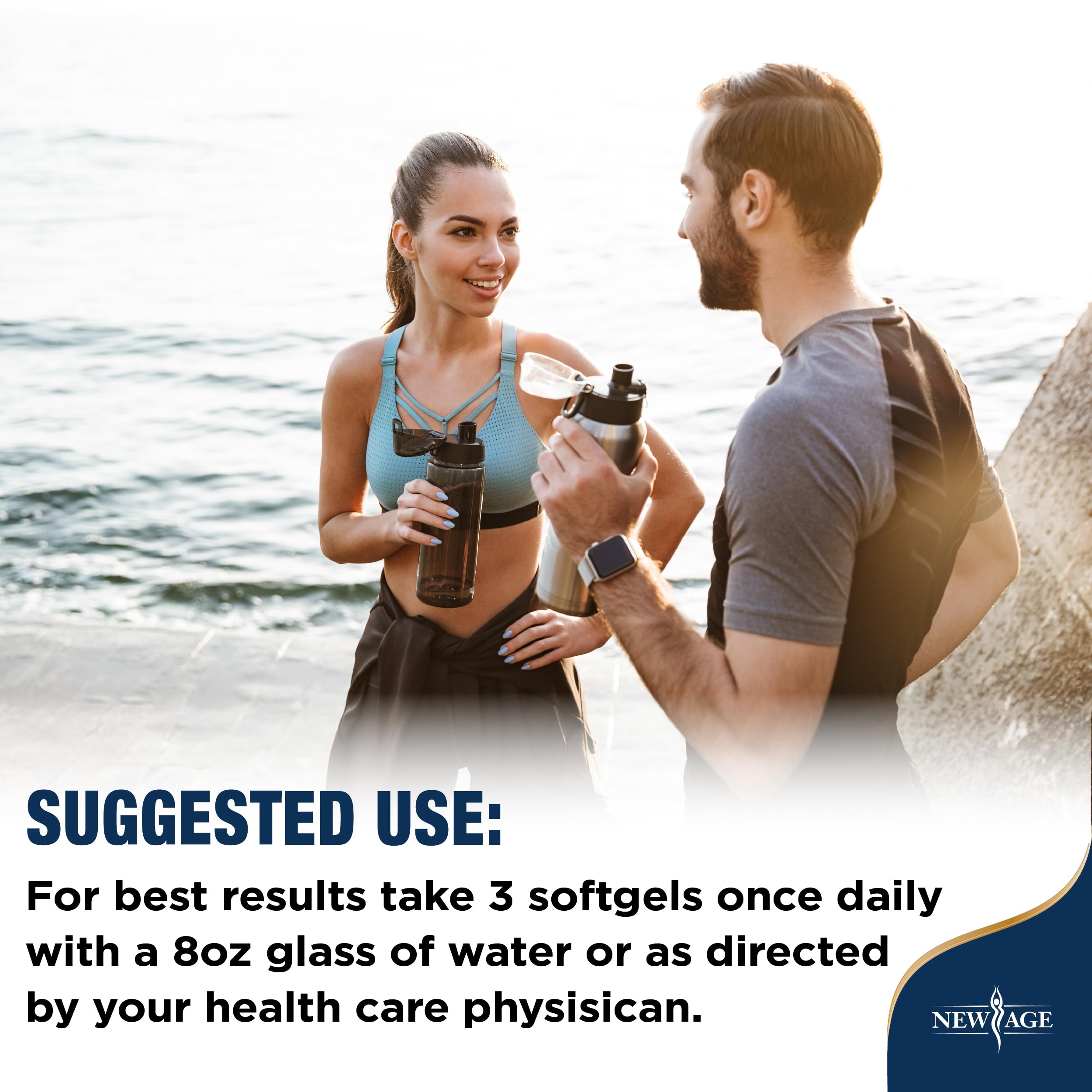 NEW AGE Omega 3 Fish Oil Complex 3750mg on a wooden table