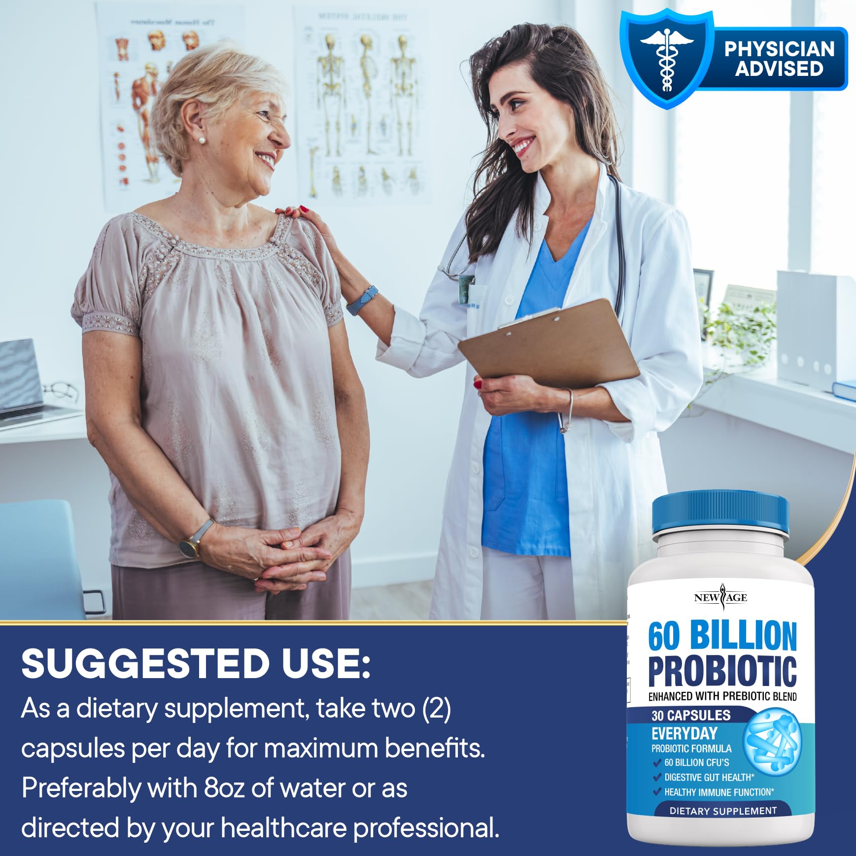 NEW AGE Probiotics 60 Billion CFU capsule bottle with a measuring spoon