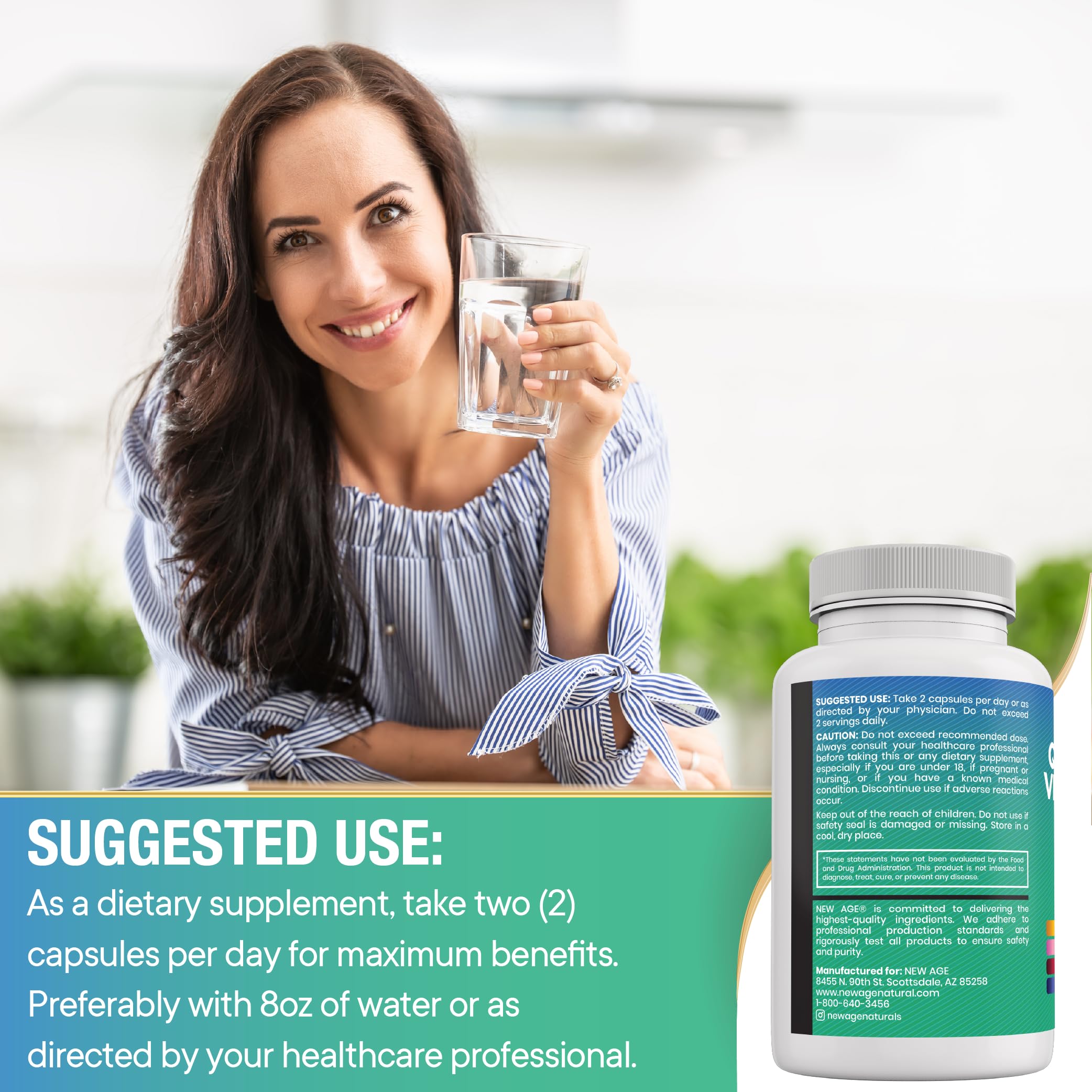 NEW AGE Quercetin with Bromelain supplement bottle on a wooden table