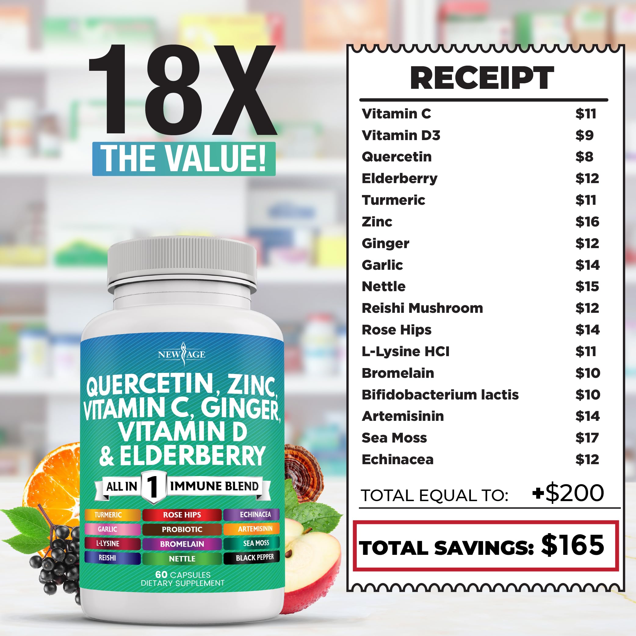 NEW AGE Quercetin with Bromelain supplement bottle with herbs