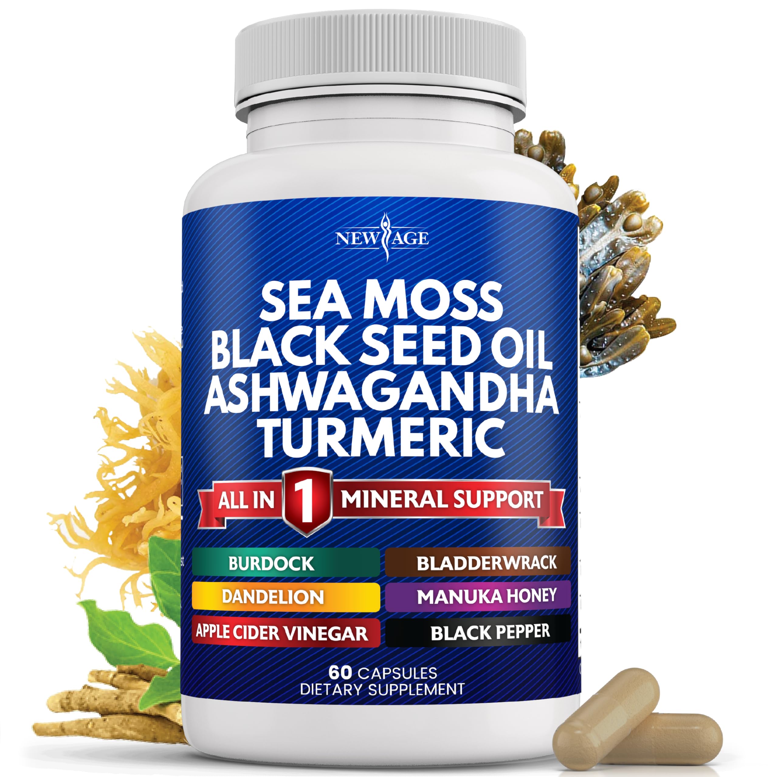 NEW AGE Sea Moss Capsules front view with 60 count