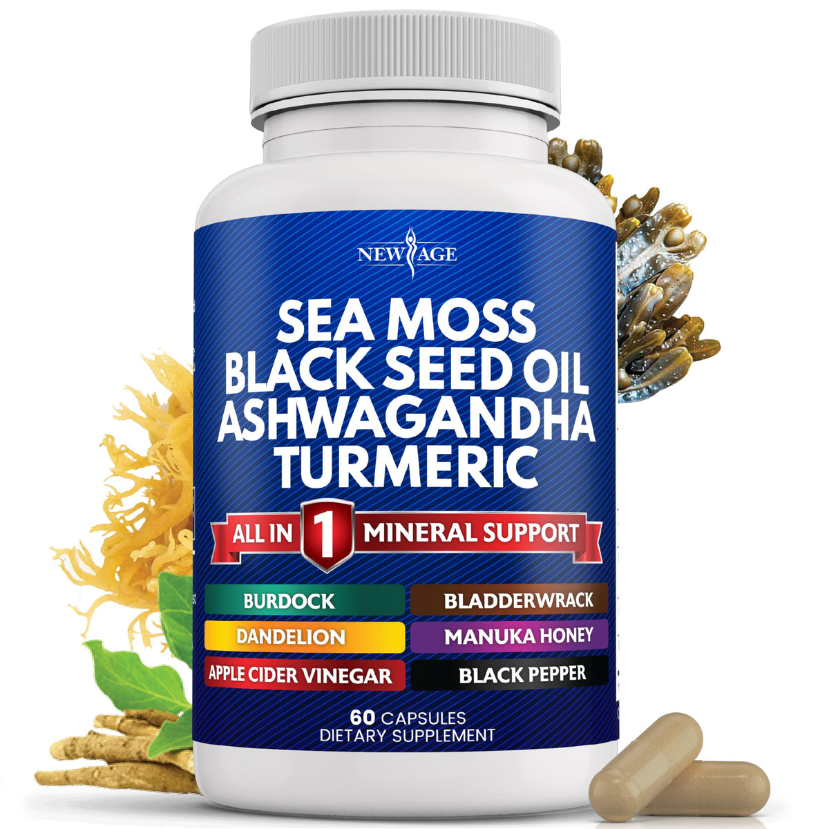 NEW AGE Sea Moss Capsules front view with 60 count