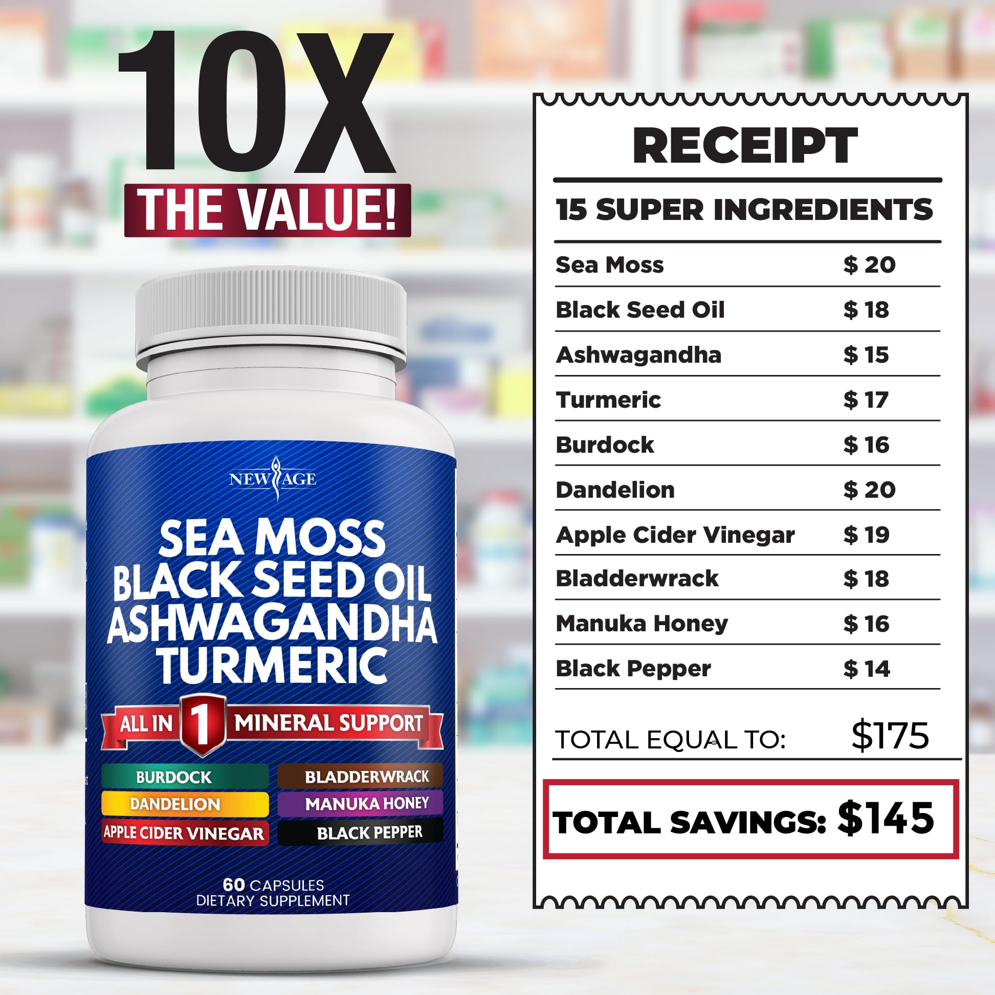 NEW AGE Sea Moss Capsules nutrition facts on packaging