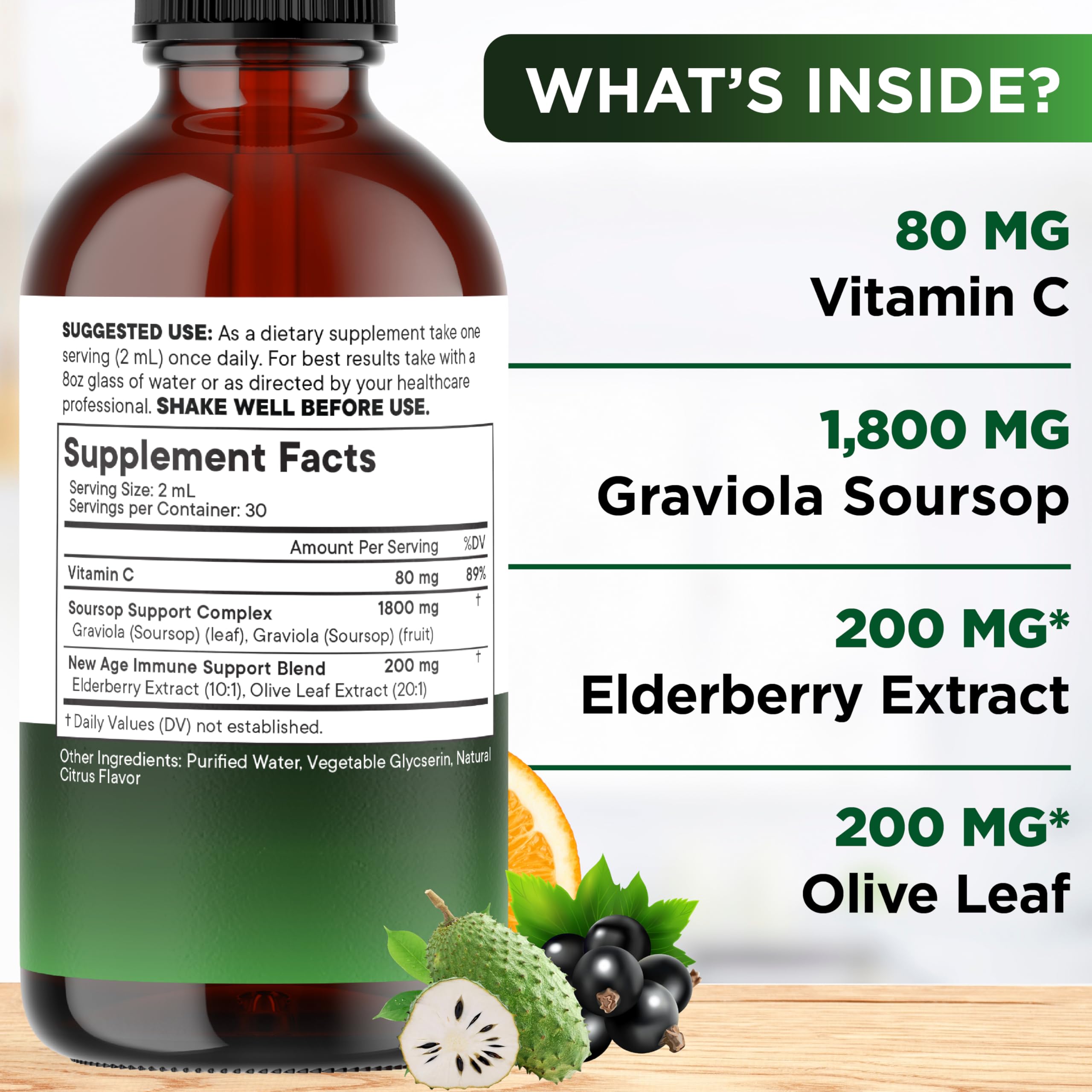 NEW AGE Soursop Drops bottle back view showing ingredients