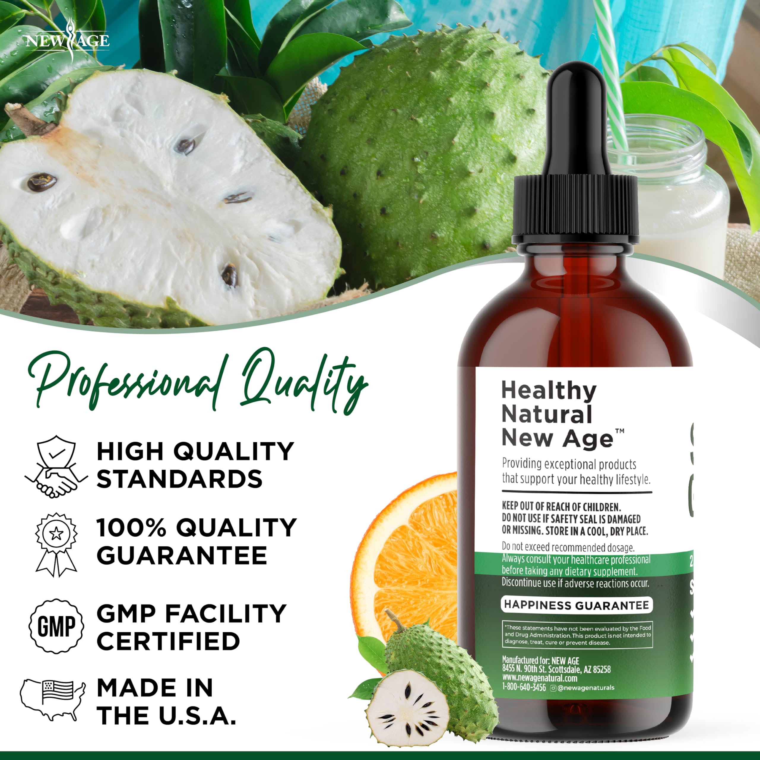 NEW AGE Soursop Drops on a countertop with a glass