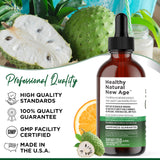 NEW AGE Soursop Drops on a countertop with a glass