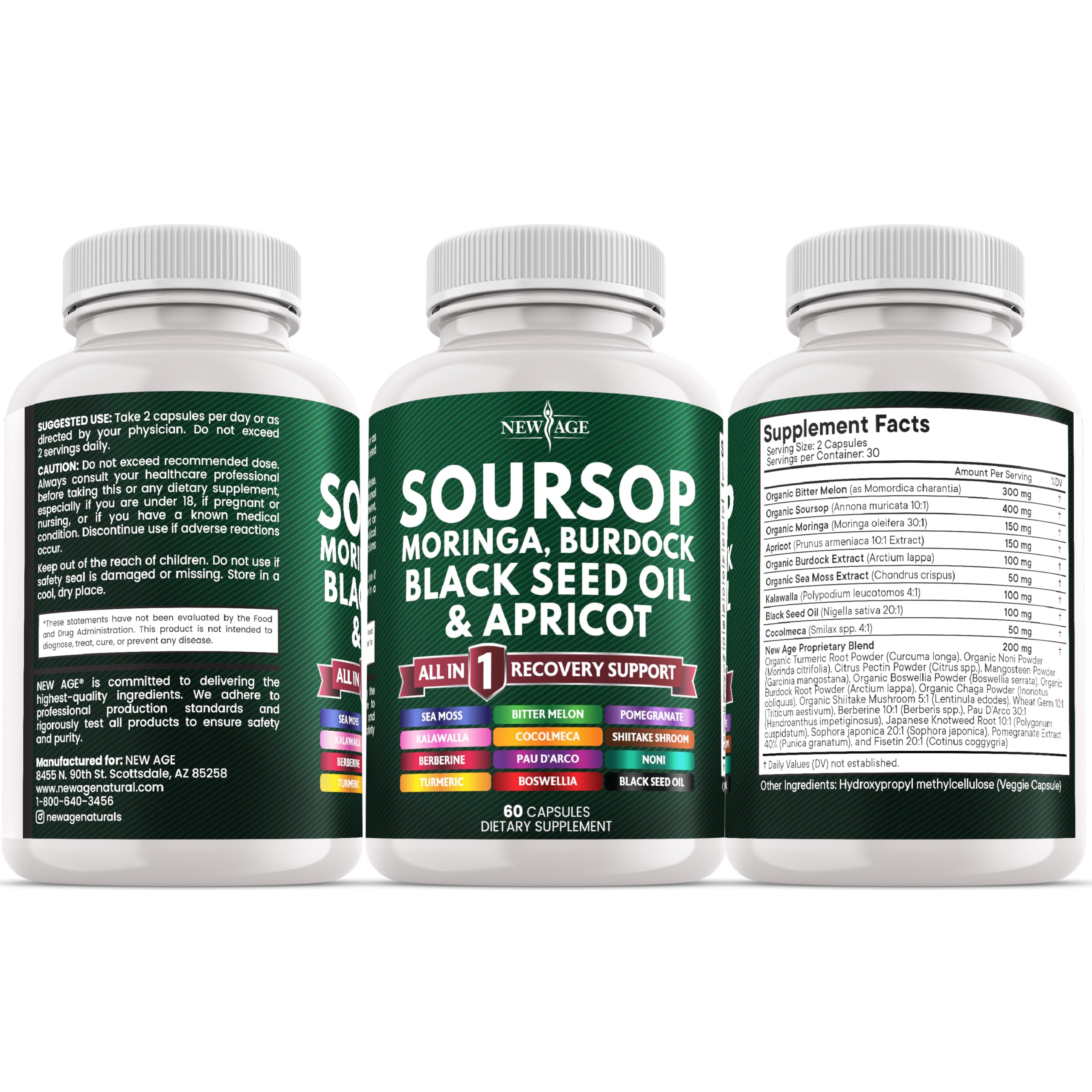 NEW AGE Soursop Supplement Superfood 170g with a glass of water