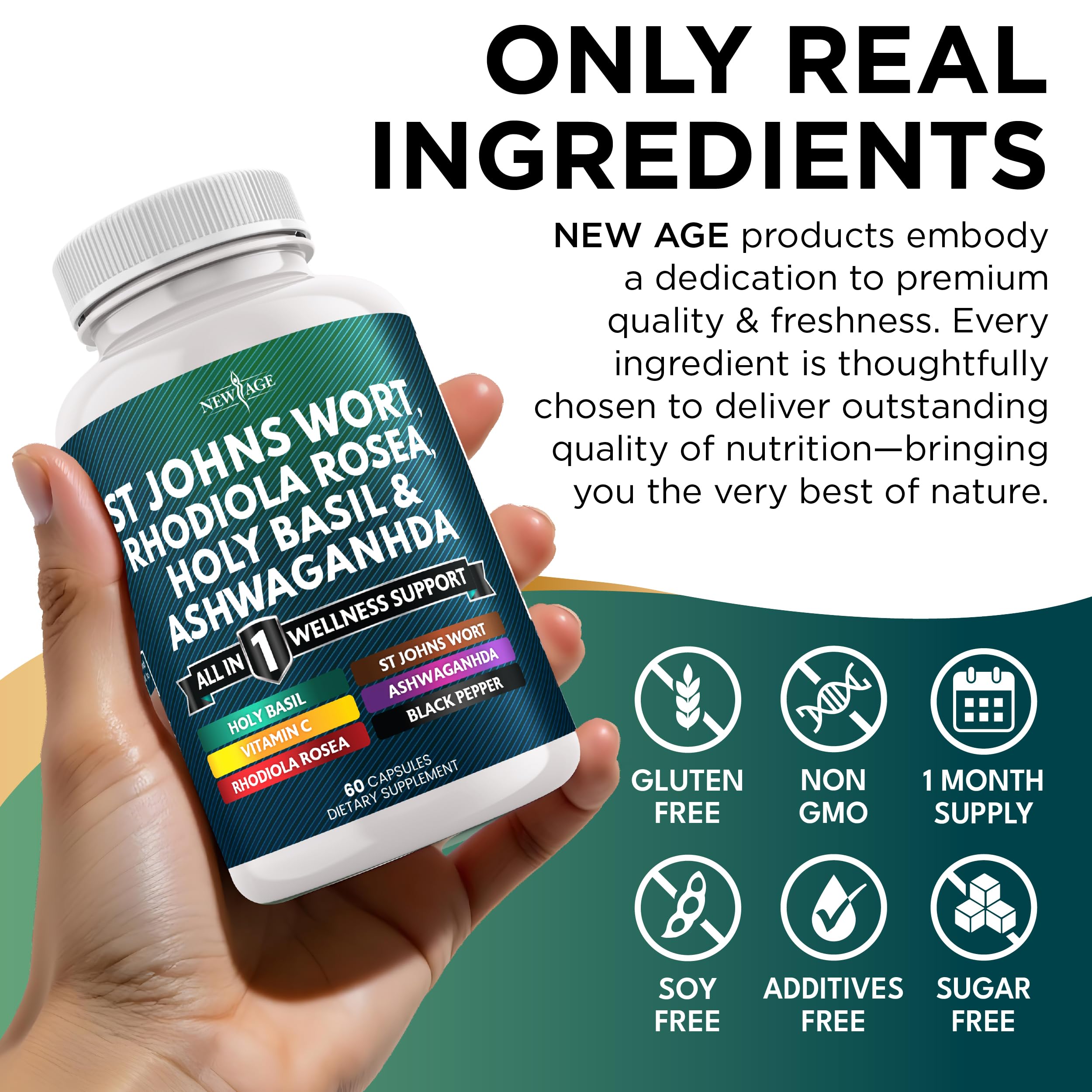 NEW AGE St. John's Wort & Rhodiola Capsules in hand
