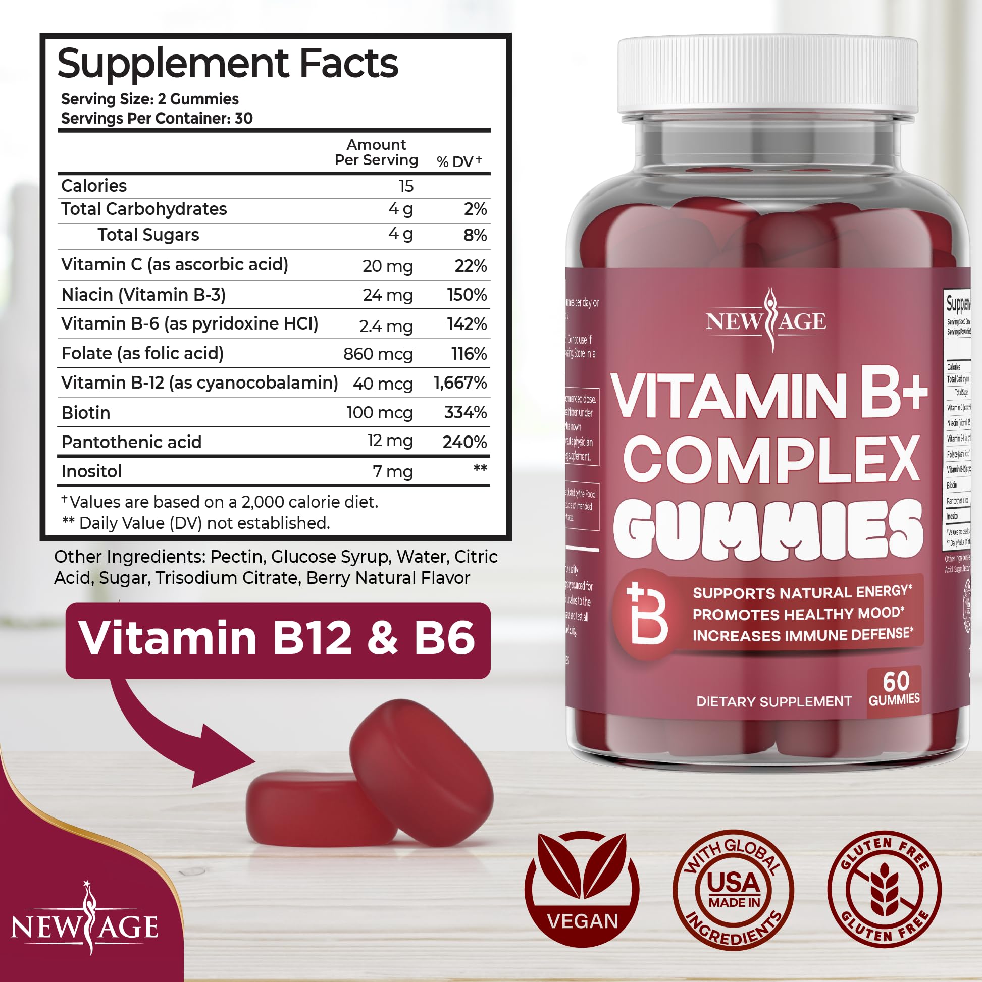 NEW AGE Vitamin B+ Gummies packaging side view