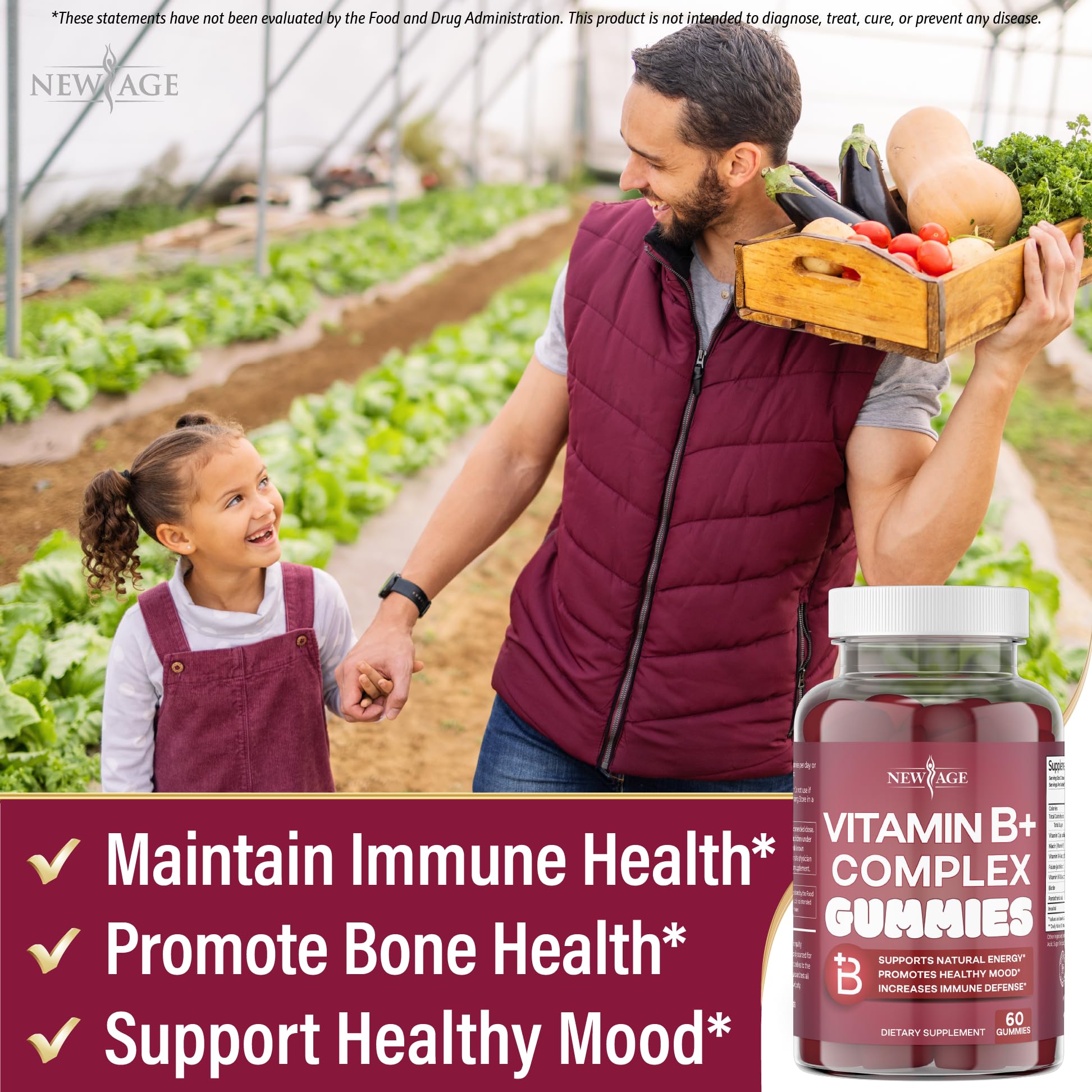 NEW AGE Vitamin B+ Gummies with a hand holding one gummy