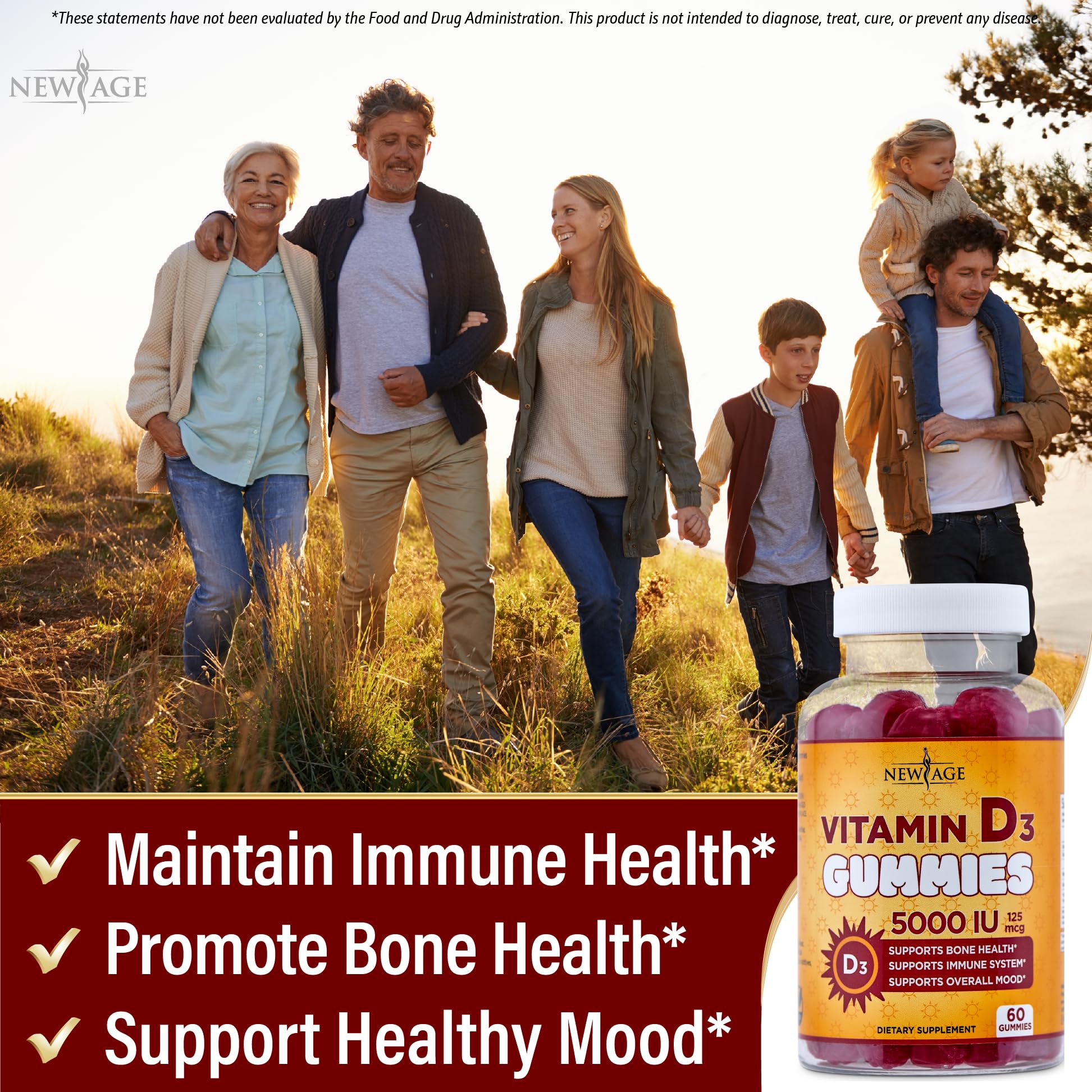 NEW AGE Vitamin D3 Gummies 5000 IU with fruit background