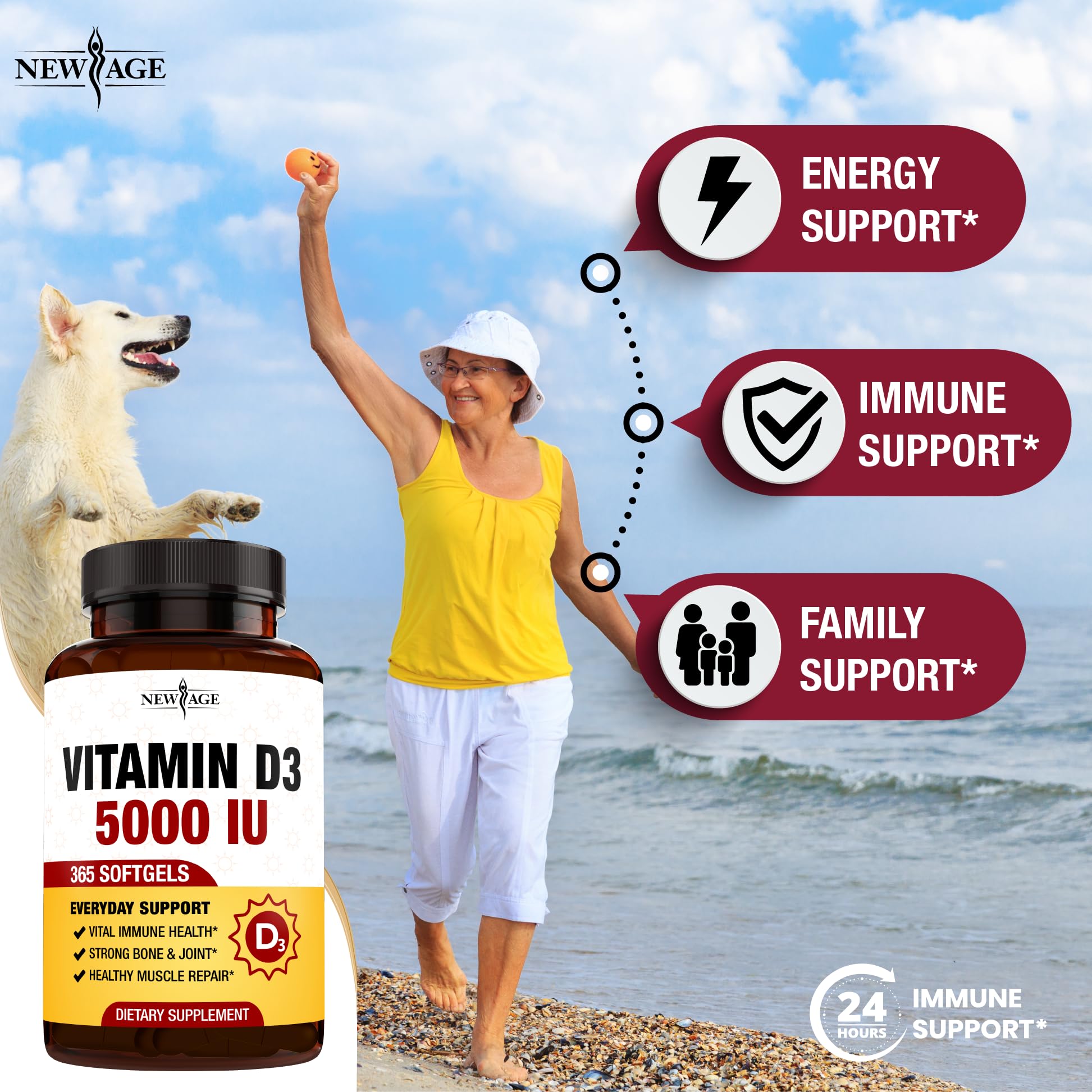 NEW AGE Vitamin D3 Gummies displayed with ingredients