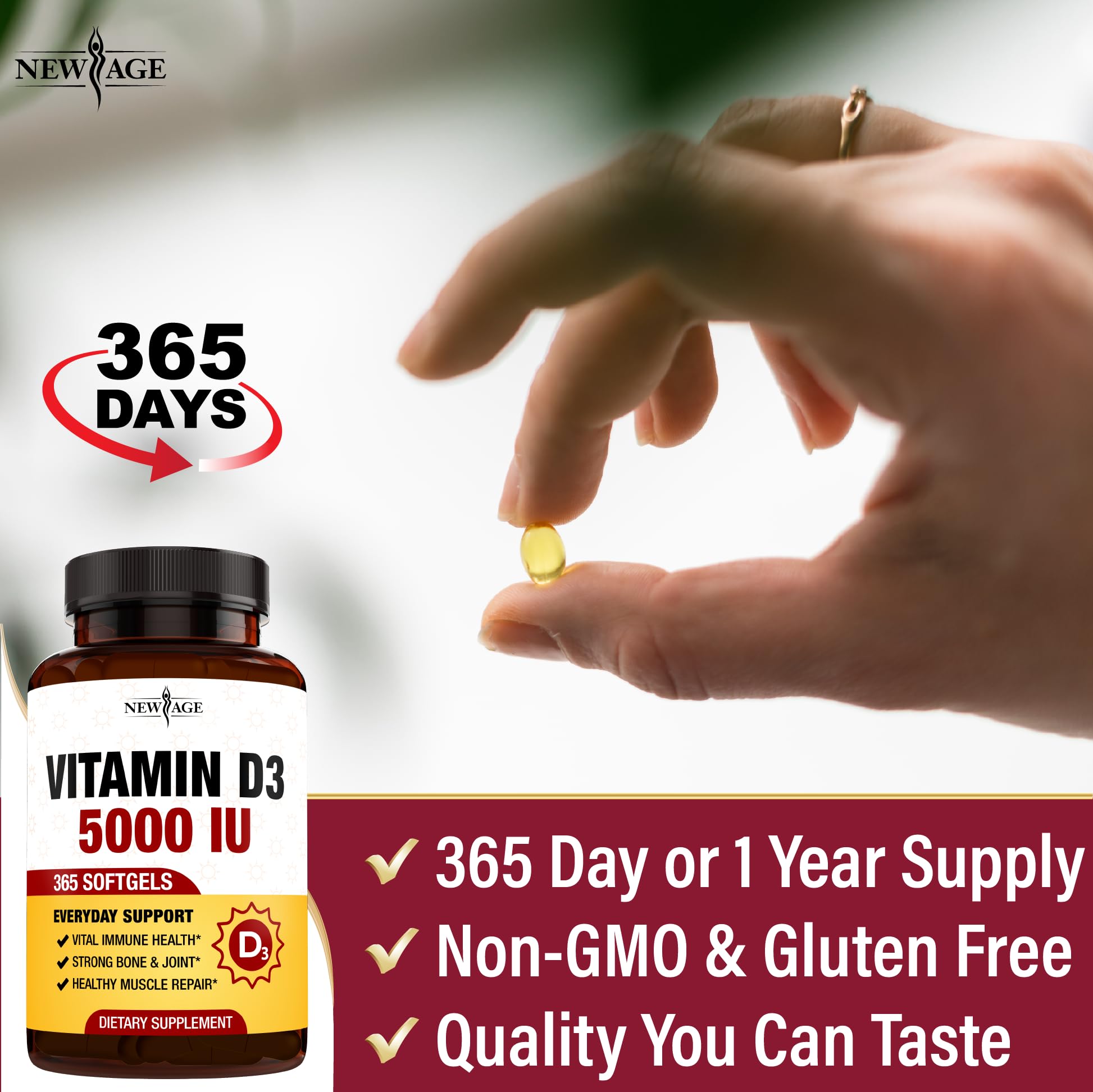 NEW AGE Vitamin D3 Gummies lifestyle scene on kitchen counter