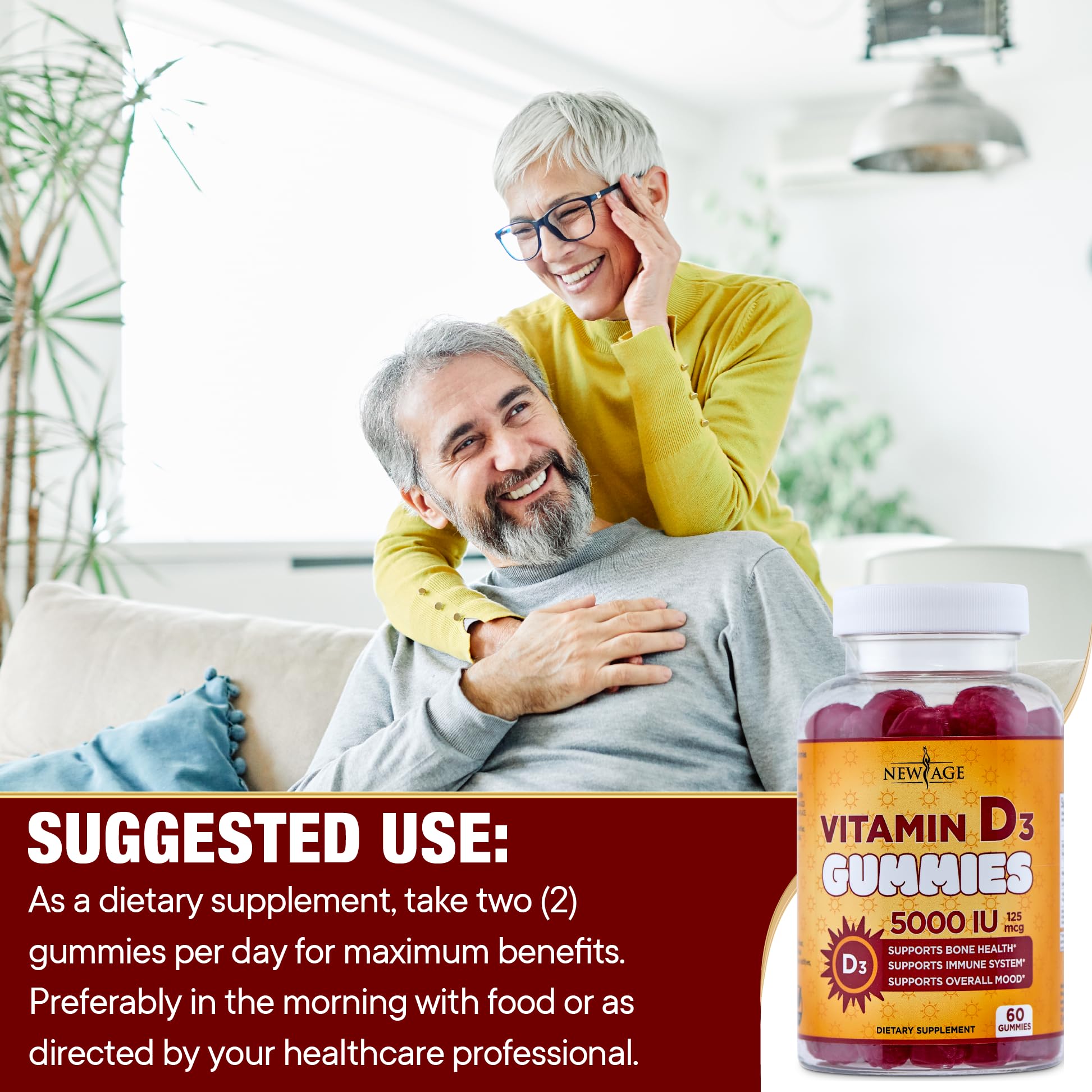 NEW AGE Vitamin D3 Gummies with a fresh fruit background