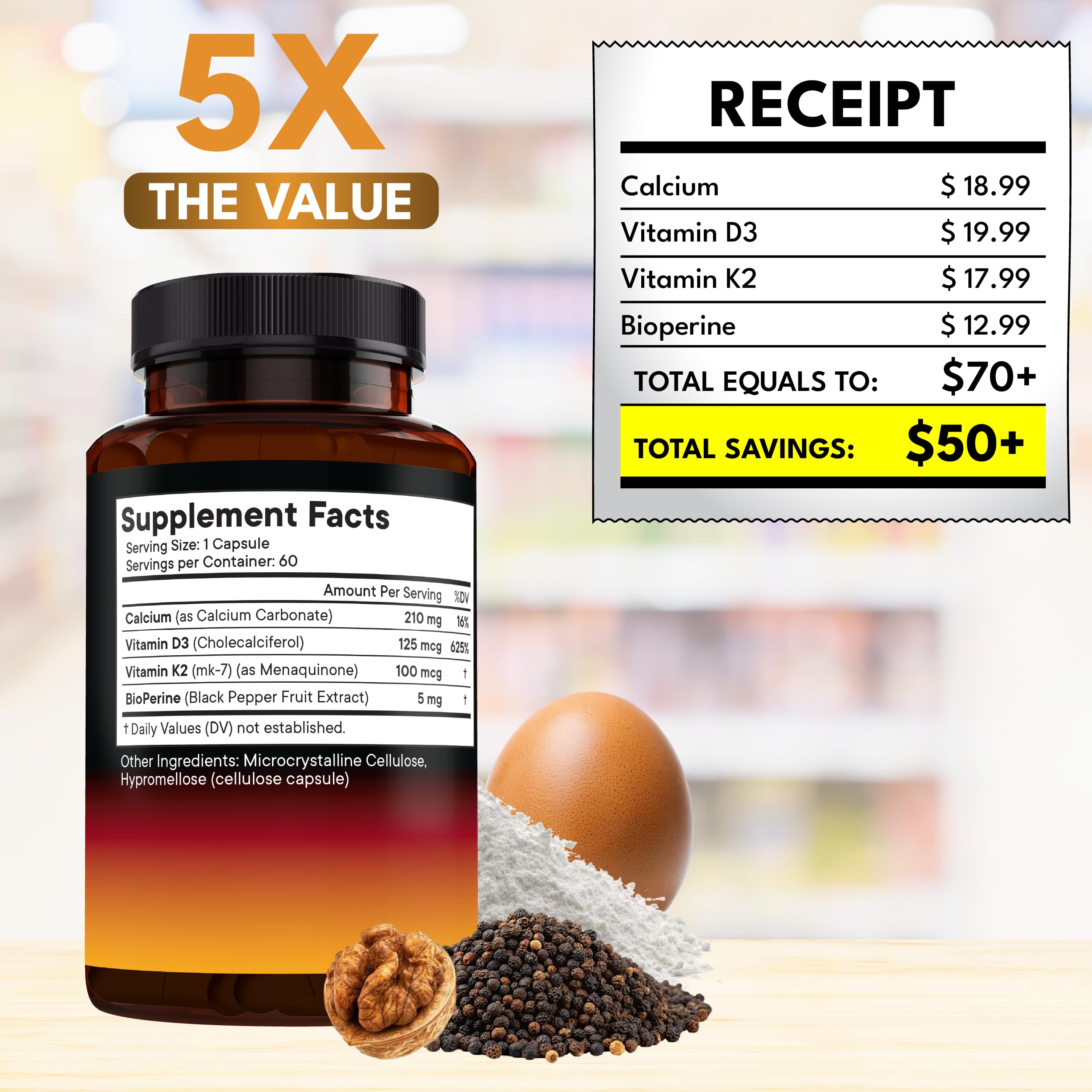 NEW AGE Vitamin K2 + D3 Capsules on a wooden table