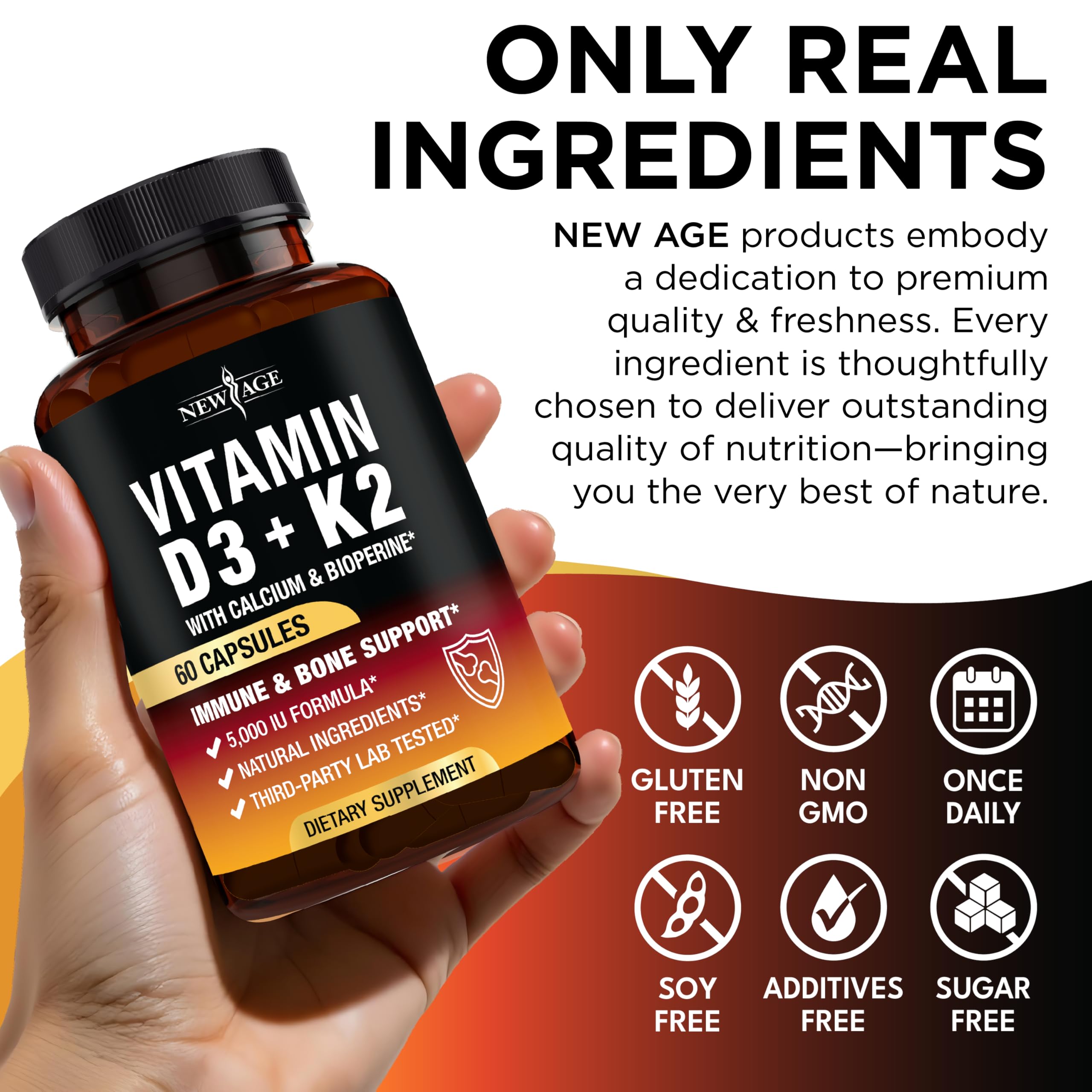 NEW AGE Vitamin K2 + D3 Capsules with a glass of water
