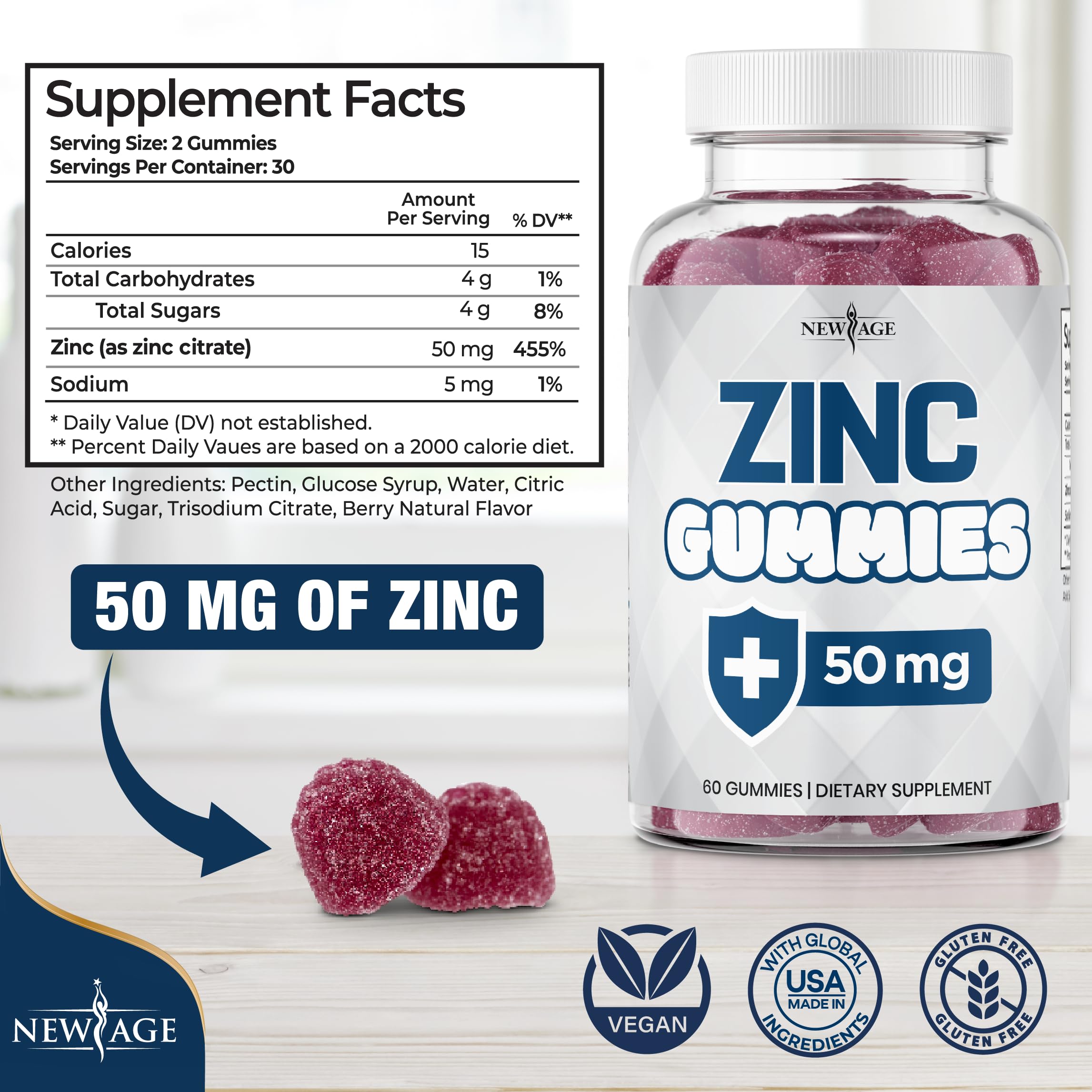 NEW AGE Zinc Gummies back view with ingredient details