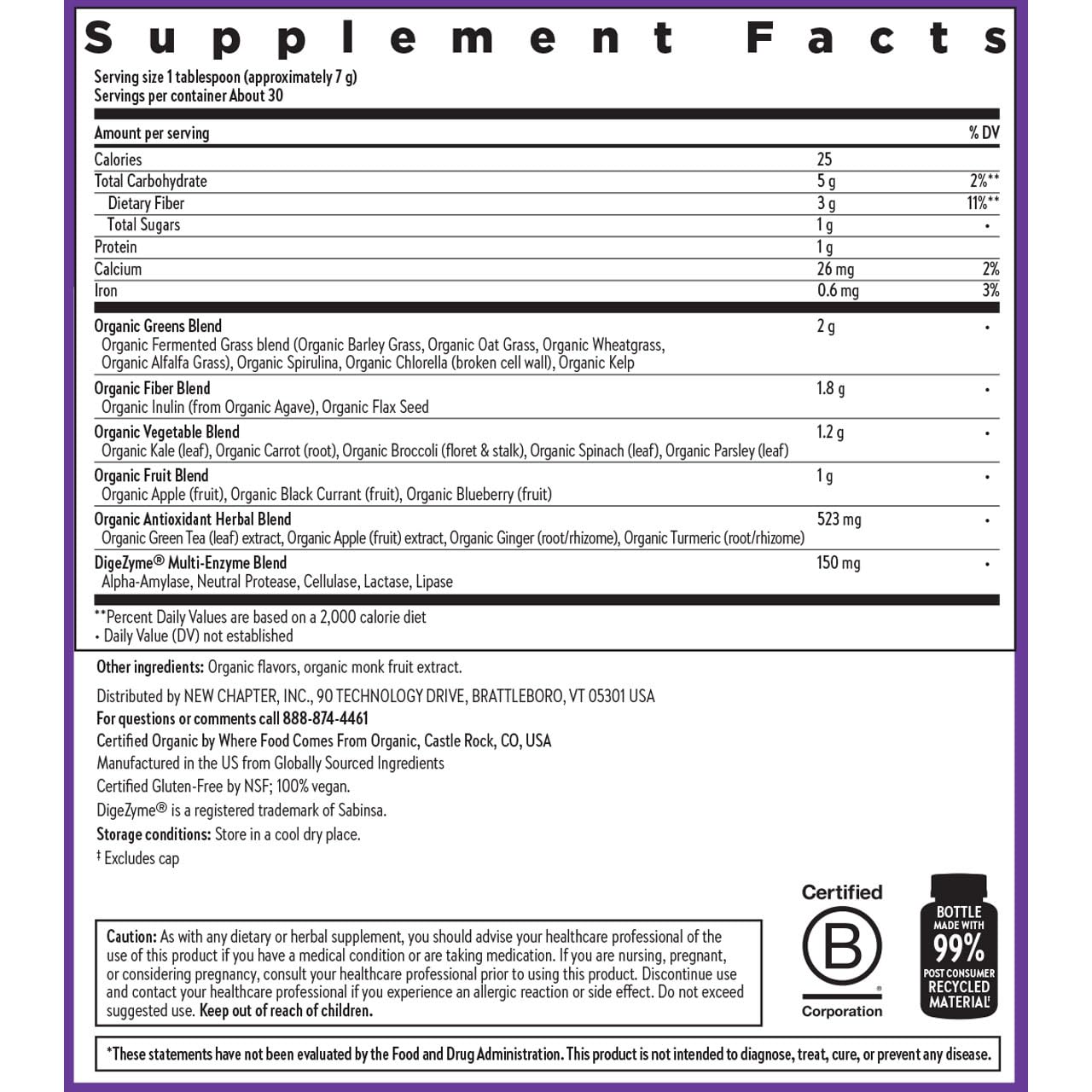 New Chapter daily Super Greens Powder 300g nutritional information