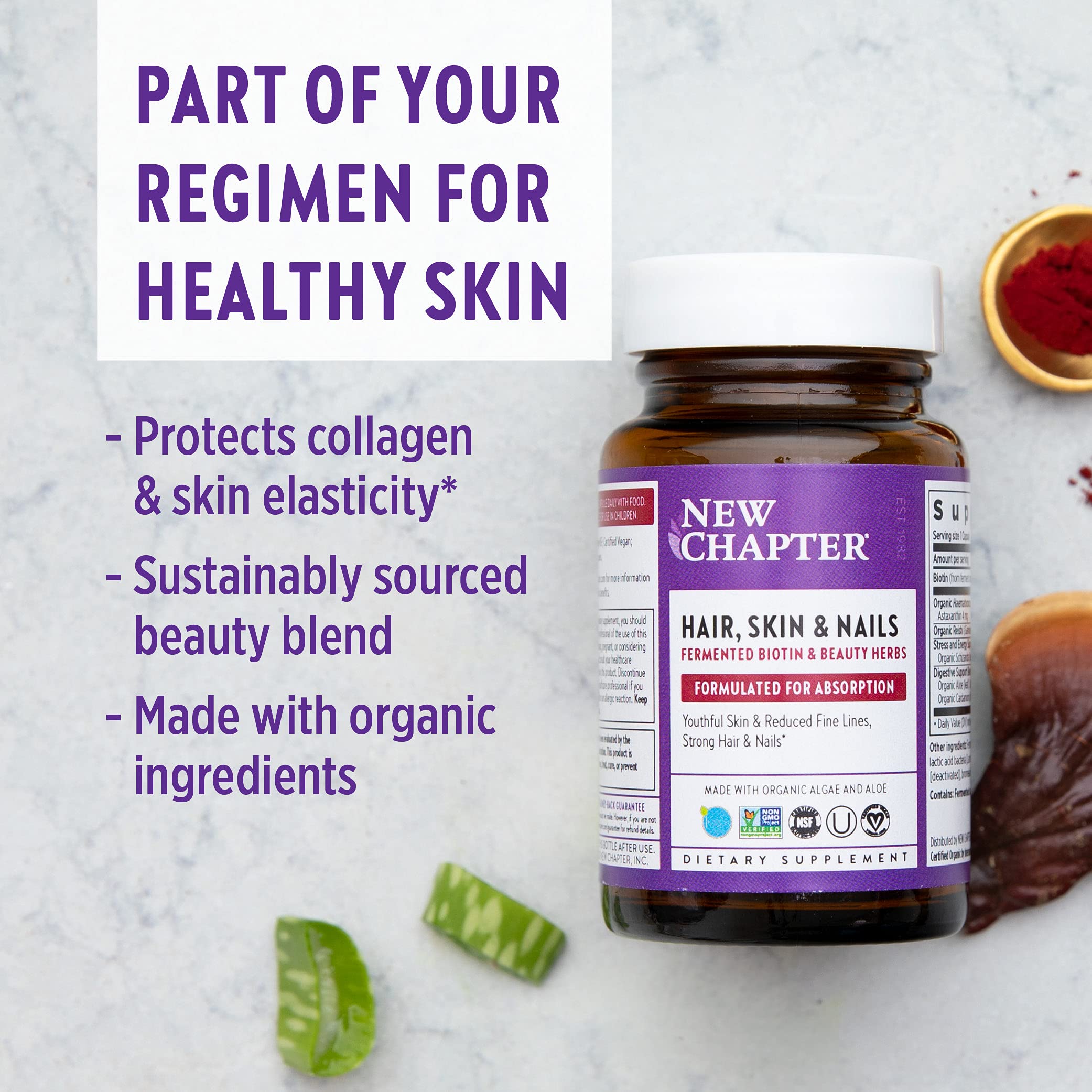 New Chapter Hair Skin & Nails Vitamins displayed with other supplements